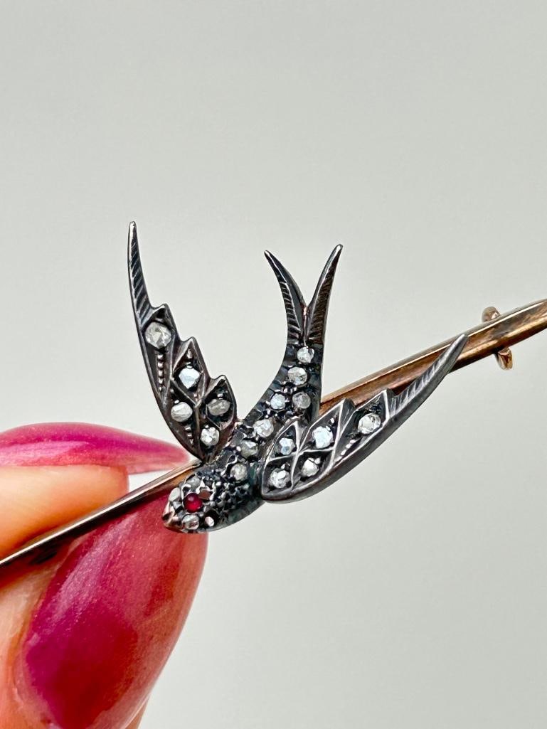 Wonderful Rose Cut Diamond Bird Bar Brooch with Ruby Eyes in Gold (1 of 5)