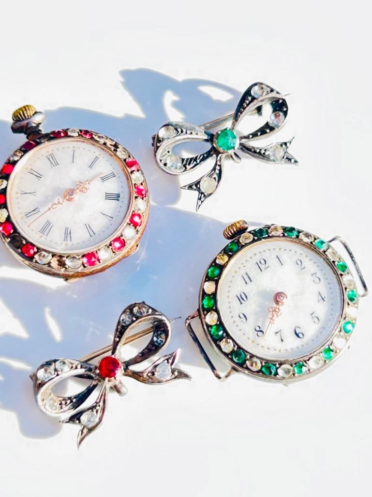 Two Gemset Pocket Watches and Matching Bow Brooches: Two Gemset Pocket Watches and Matching Bow Brooches charming set 