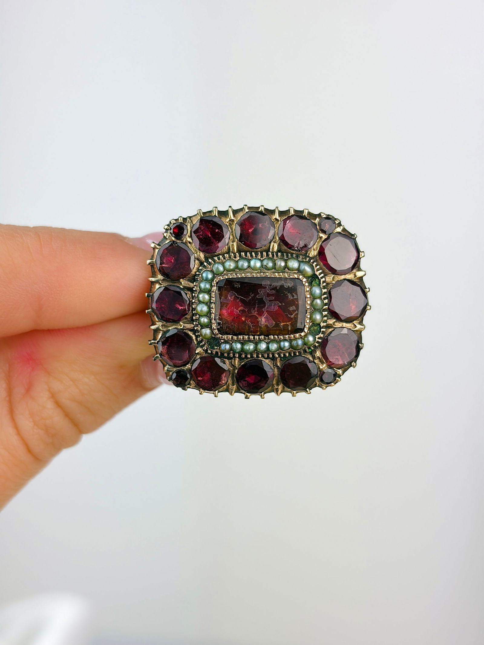 large antique flat cut garnet and pearl gold brooch (1 of 8)