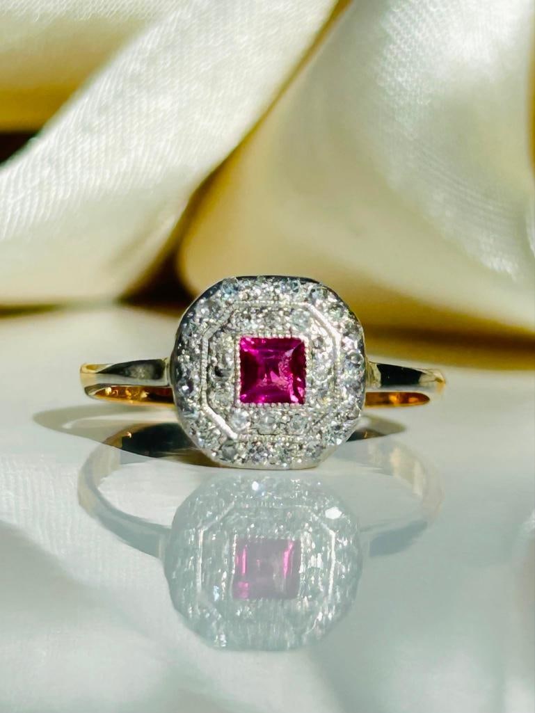 *Art Deco Ruby and Diamond 18ct Yellow Gold Square Ring (1 of 11)