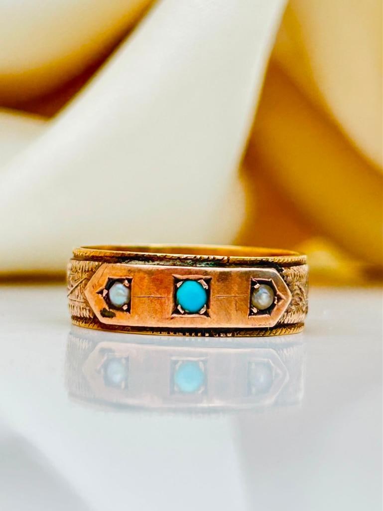 Georgian Era Antique 18ct Yellow Gold Turquoise and Pearl Band Ring with Inscription (1 of 9)