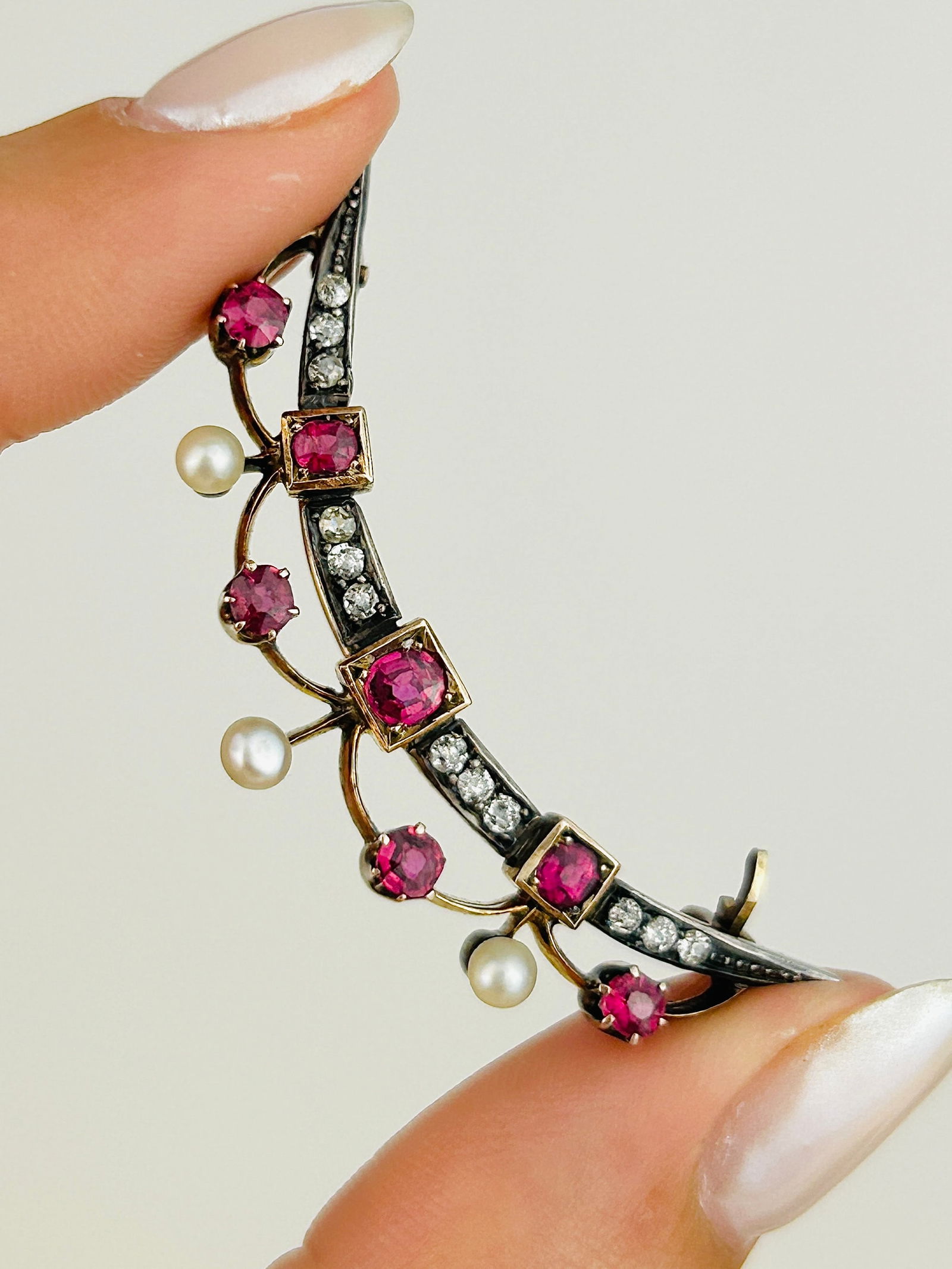 Antique Boxed Silver and Gold Ruby, Diamond and Pearl Lavalier Brooch (1 of 11)