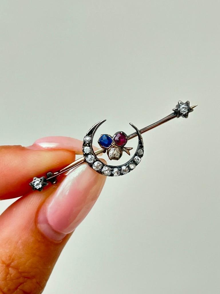 Antique diamond, sapphire and ruby crescent brooch (1 of 6)
