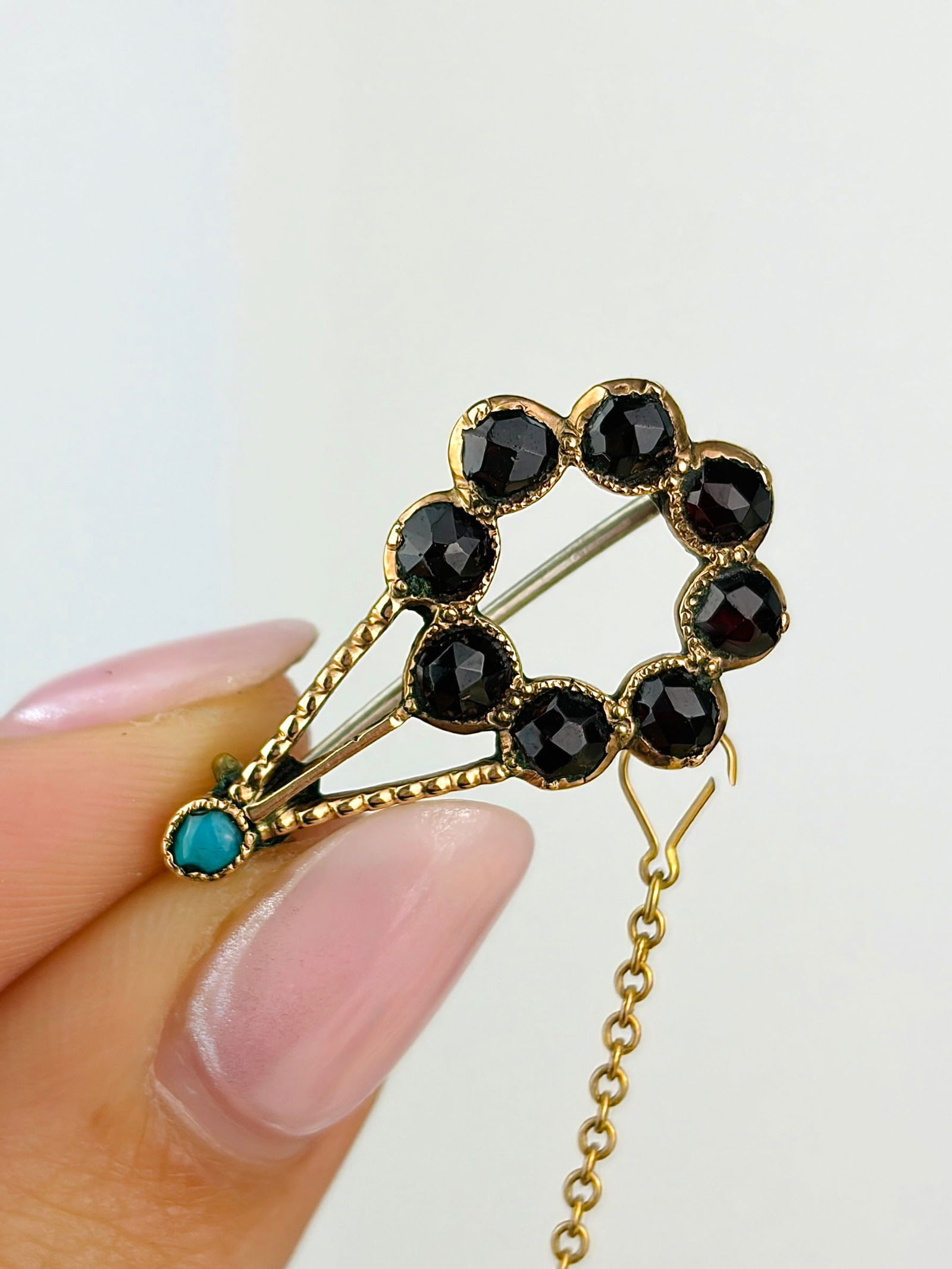 georgian 9ct gold flat cut garnet and turquoise Halleys comet brooch (1 of 9)