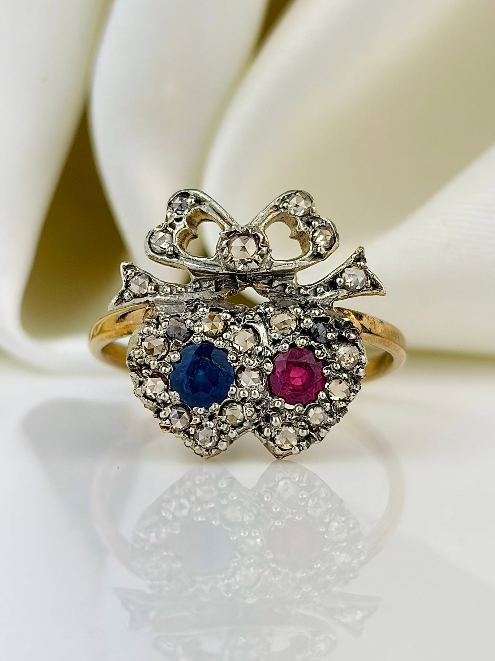Antique diamond ruby and sapphire double hearts bow top ring in 18ct yellow gold (1 of 9)