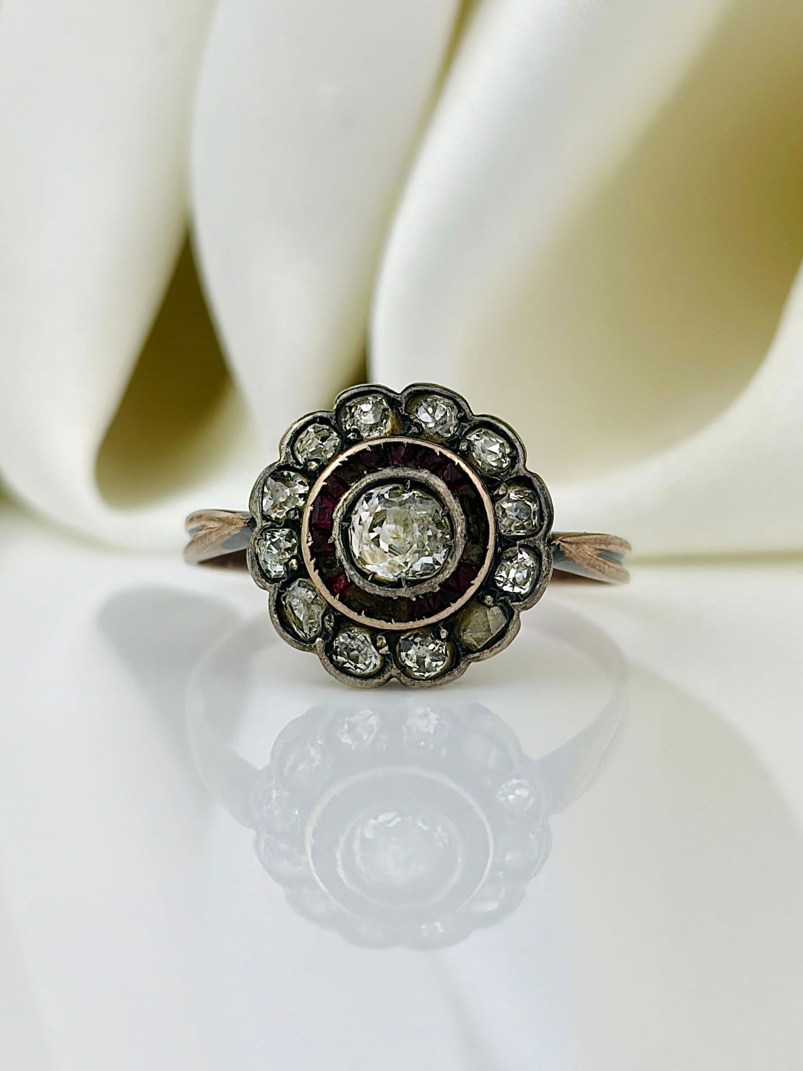 antique rose cut diamond and ruby cluster ring in gold (1 of 10)