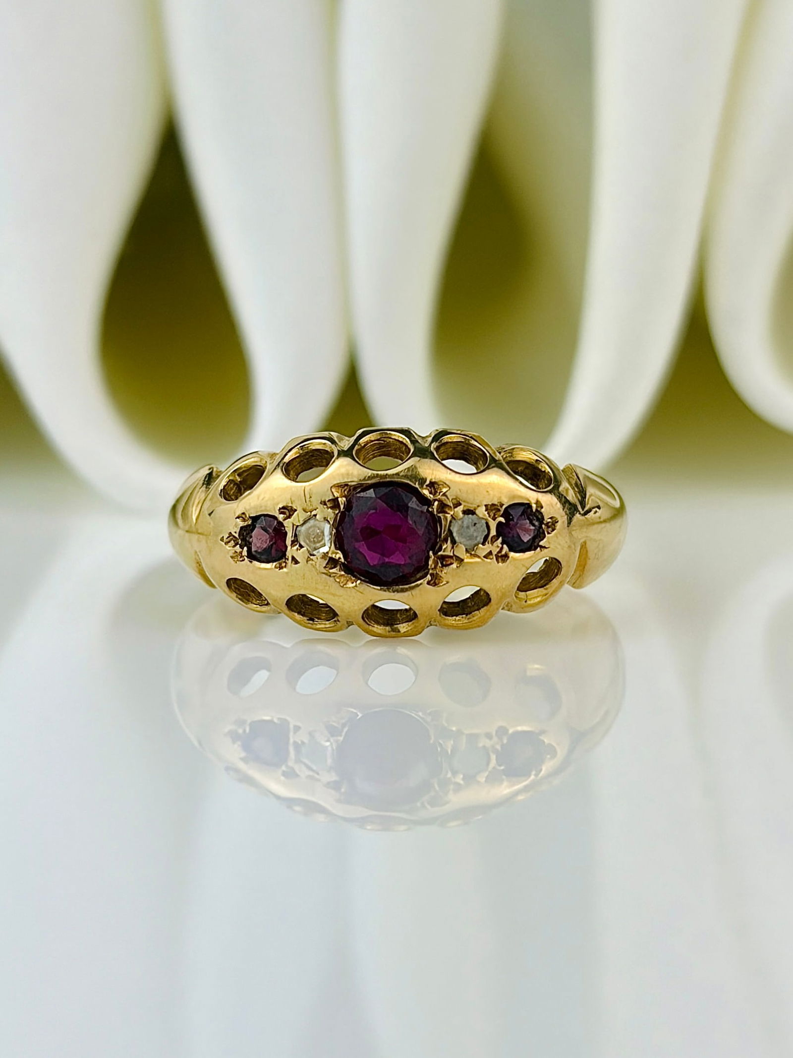 Antique 18ct yellow gold ruby and diamond boat ring (1 of 9)