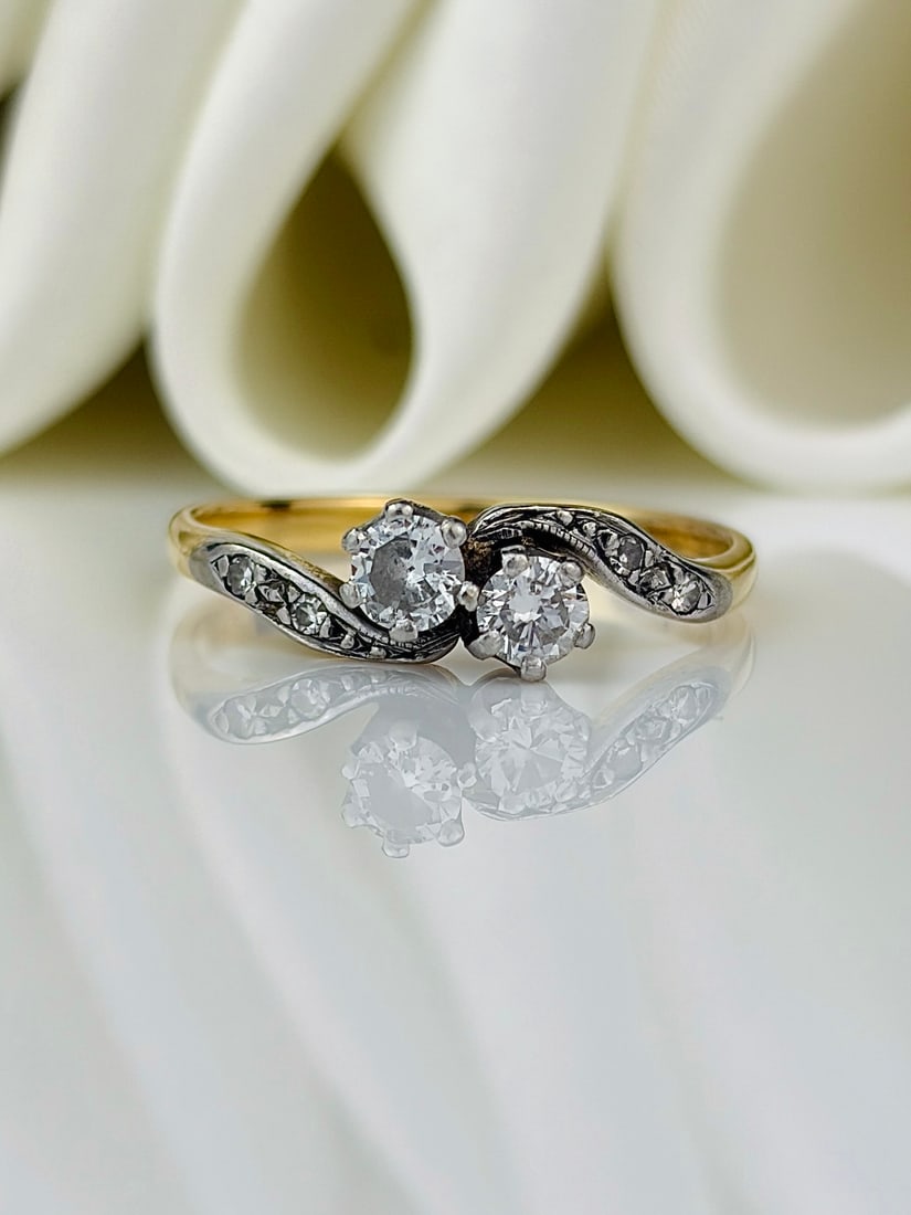 antique diamond moi et toi 2 stone twist ring in 18ct yellow gold and platinum (1 of 9)