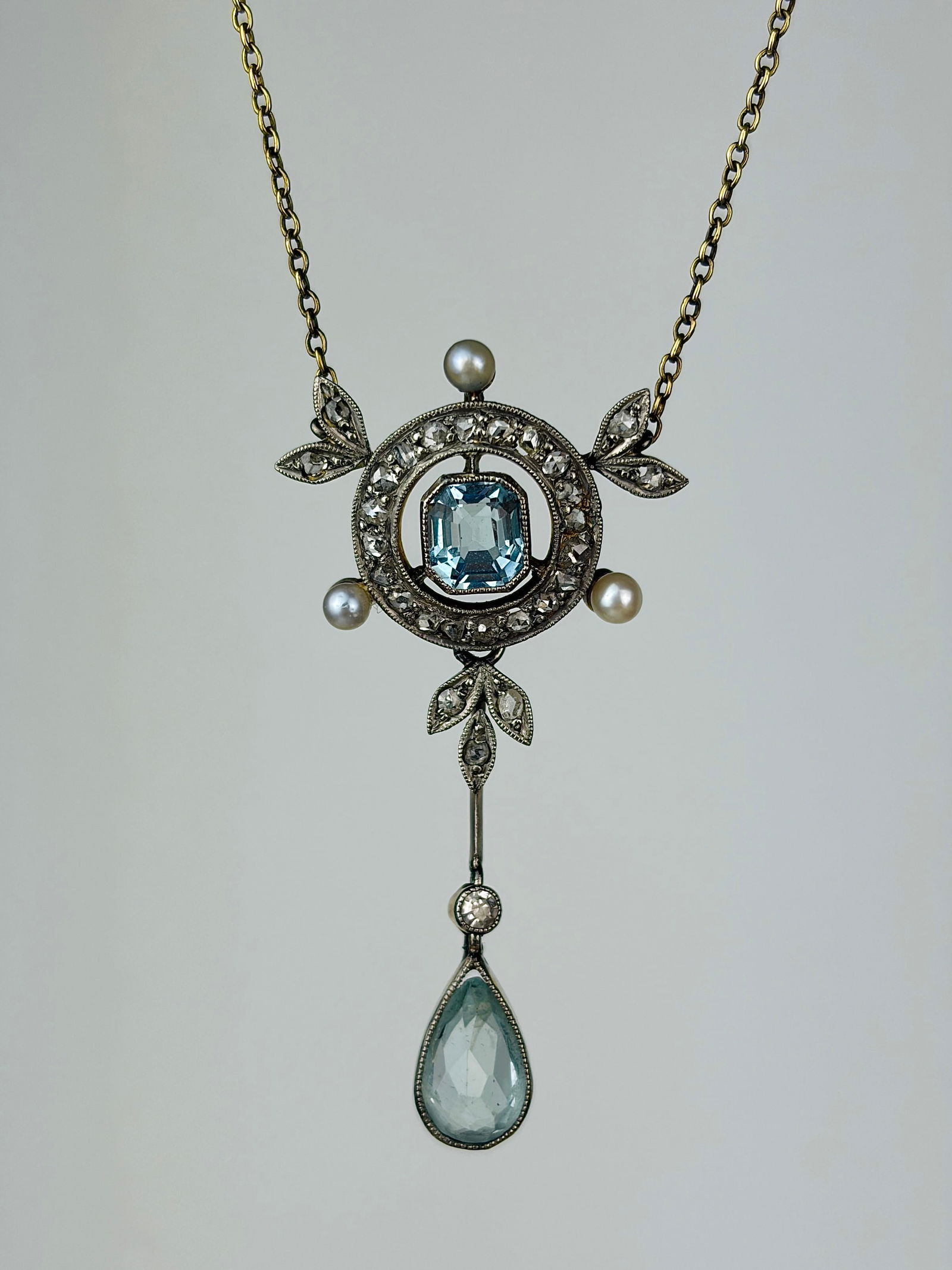 wonderful art deco era antique aquamarine and diamond pretty drop pendant necklace in 18ct gold (1 of 9)