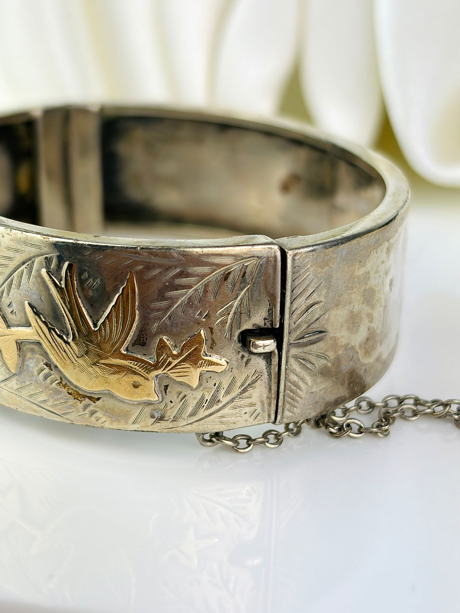 Antique Victorian Era Silver Bangle with Gold Bird Overlay - 6