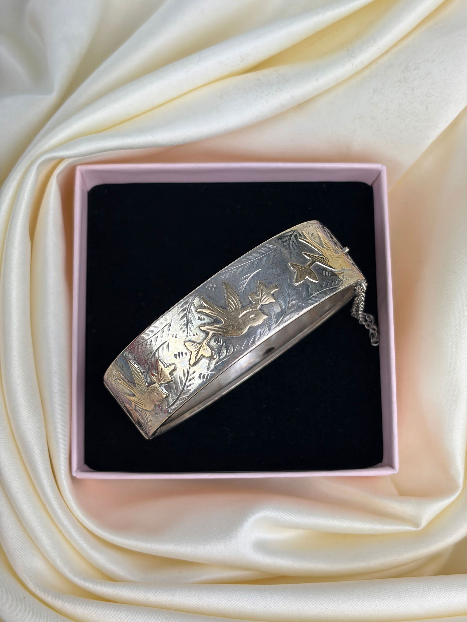 Antique Victorian Era Silver Bangle with Gold Bird Overlay - 7