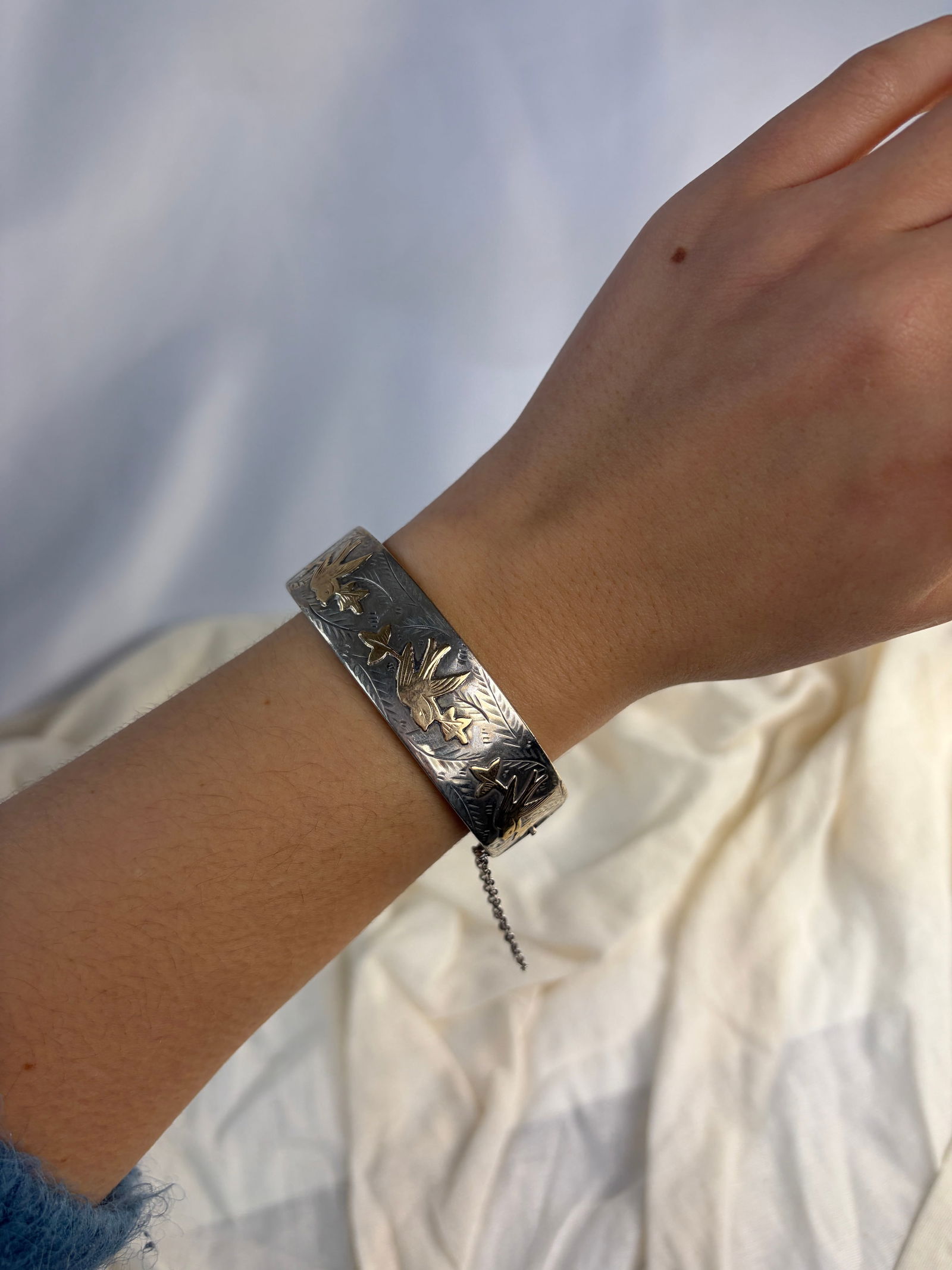 Antique Victorian Era Silver Bangle with Gold Bird Overlay - 8