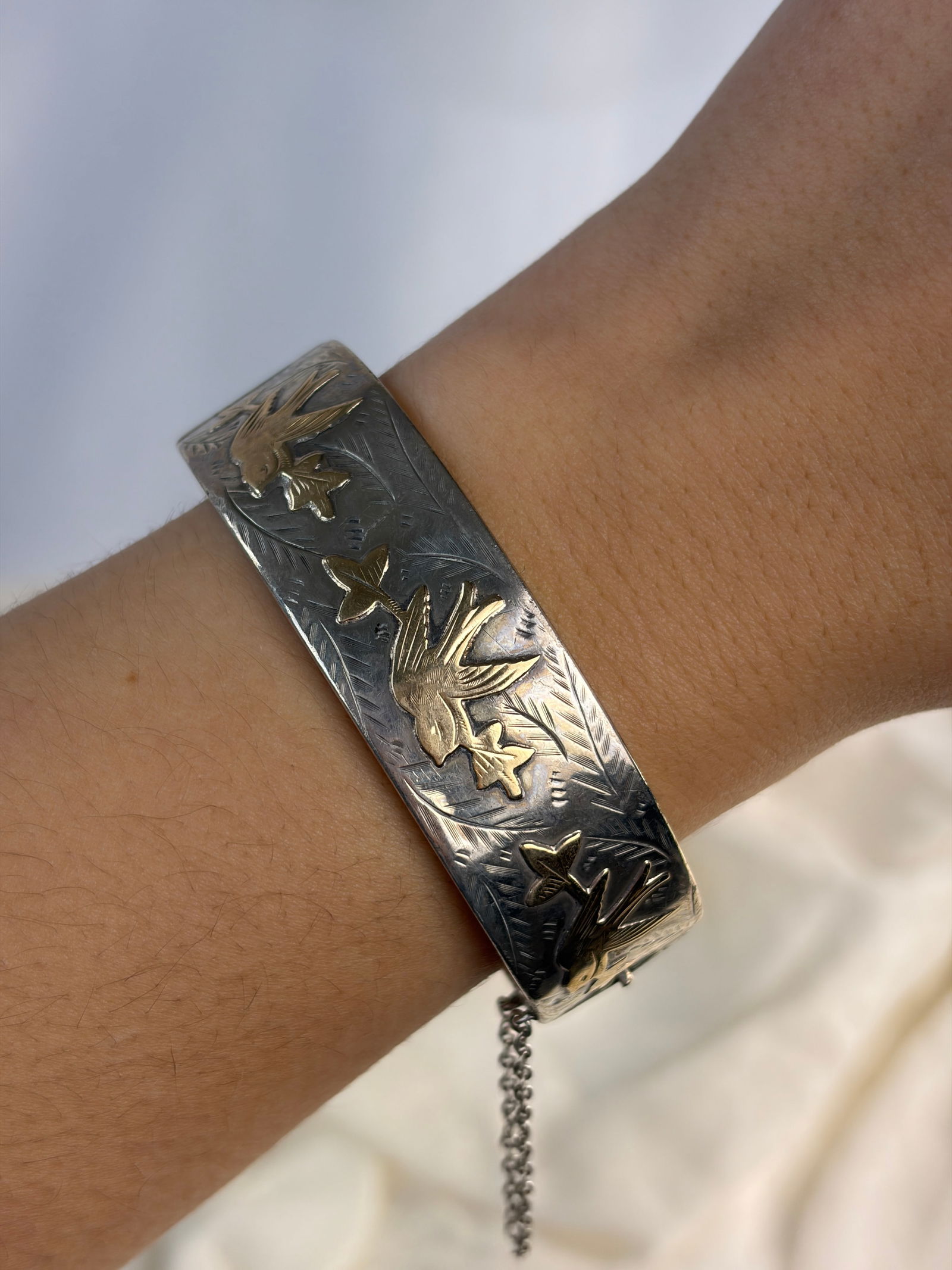 Antique Victorian Era Silver Bangle with Gold Bird Overlay - 9
