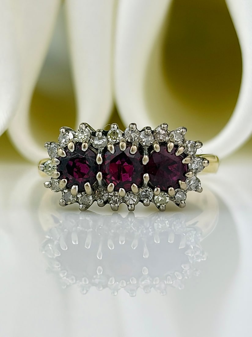 chunky vintage 18ct yellow gold ruby and diamond triple cluster ring (1 of 9)
