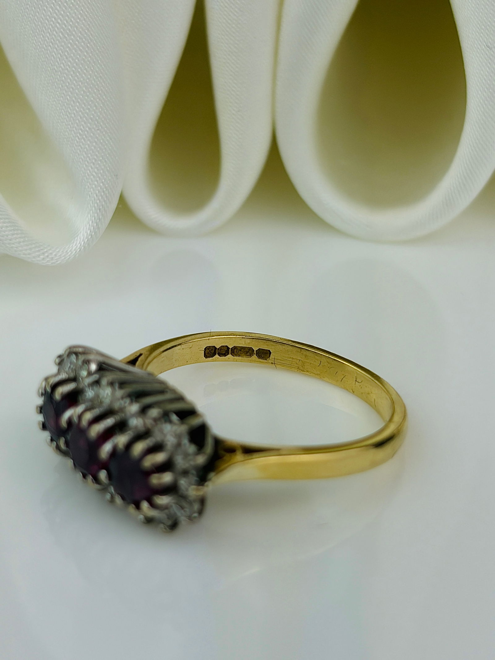 chunky vintage 18ct yellow gold ruby and diamond triple cluster ring - 4