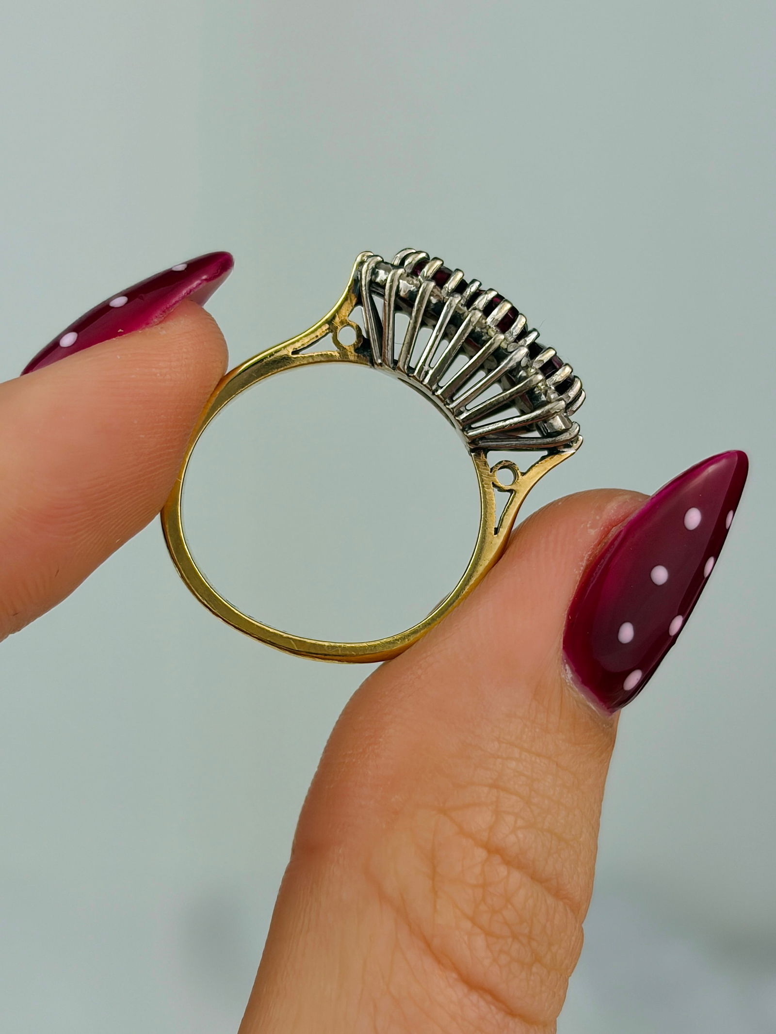 chunky vintage 18ct yellow gold ruby and diamond triple cluster ring - 6