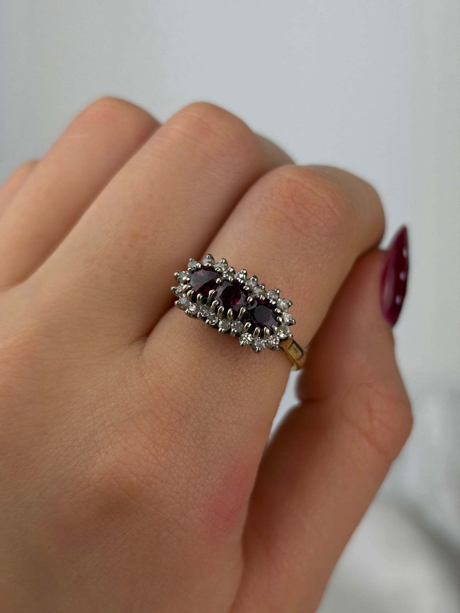 chunky vintage 18ct yellow gold ruby and diamond triple cluster ring - 9
