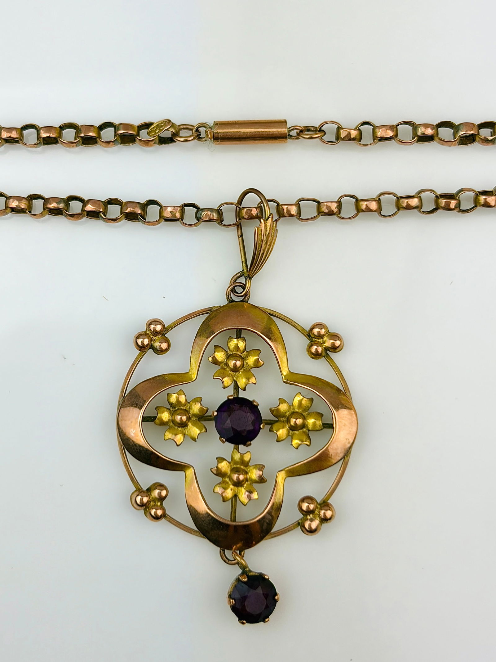 antique 9ct gold garnet pendant and chain necklace - 2