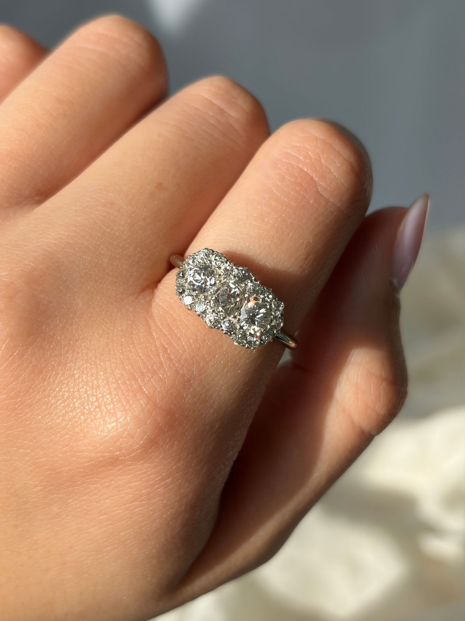 Art Deco 18 Carat White Gold Triple Cluster 1.90ct Diamond Ring - 7