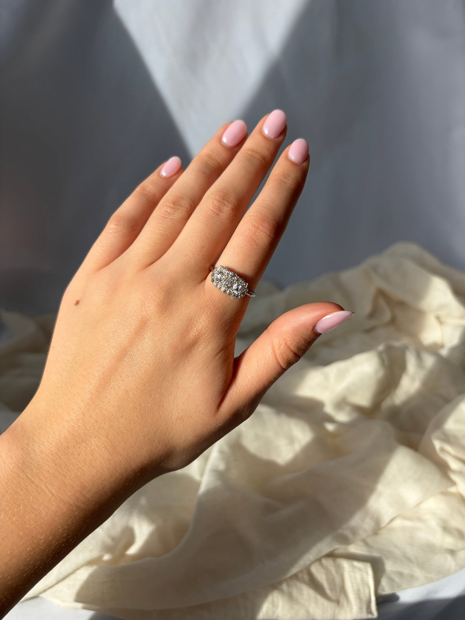 Art Deco 18 Carat White Gold Triple Cluster 1.90ct Diamond Ring - 8