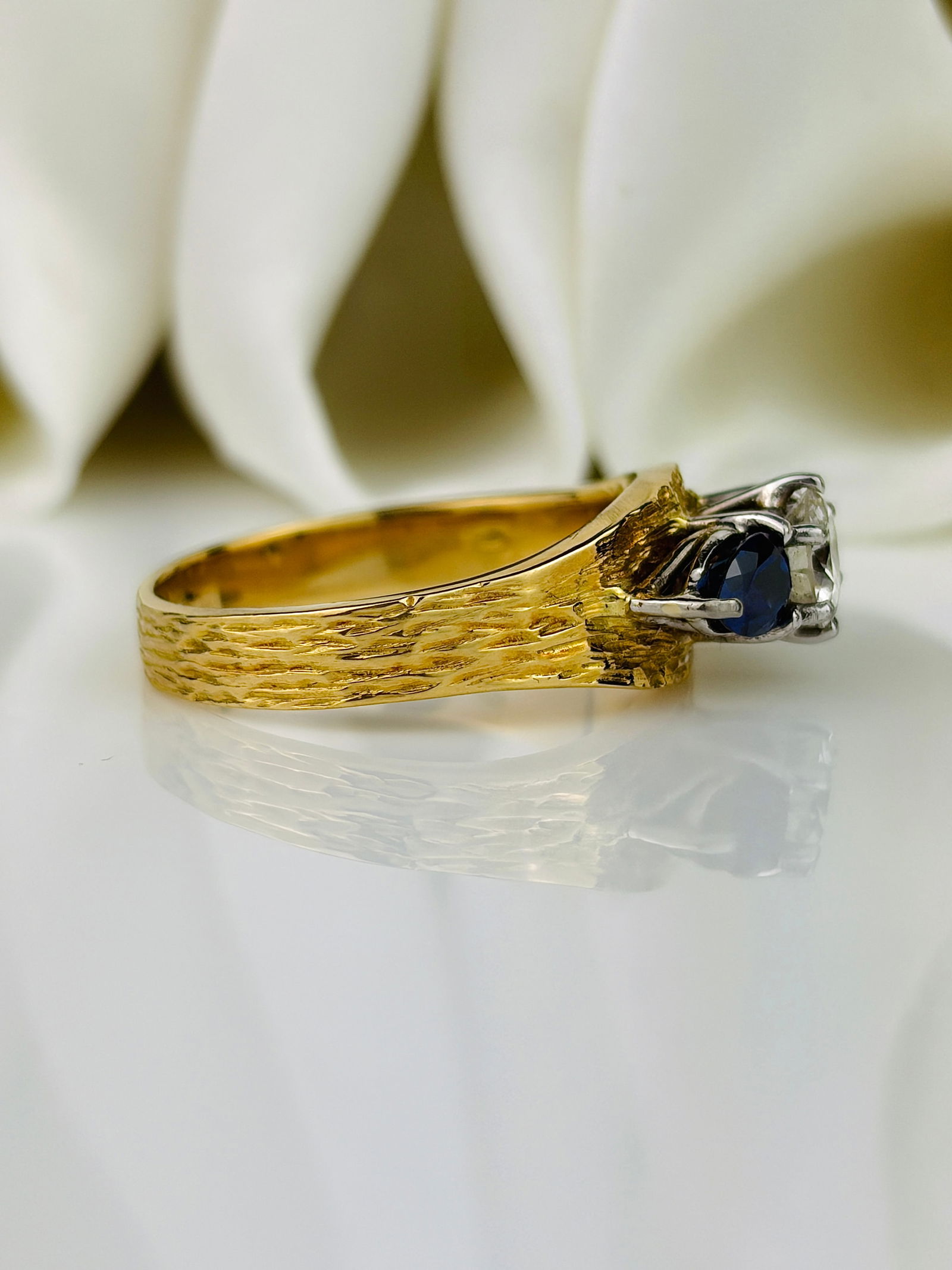 Modern Sapphire and Diamond 18ct Gold and Platinum Three Stone Ring - 2