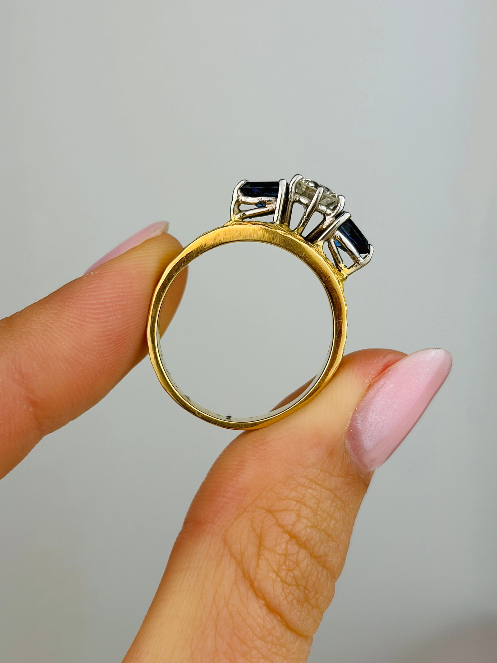 Modern Sapphire and Diamond 18ct Gold and Platinum Three Stone Ring - 6
