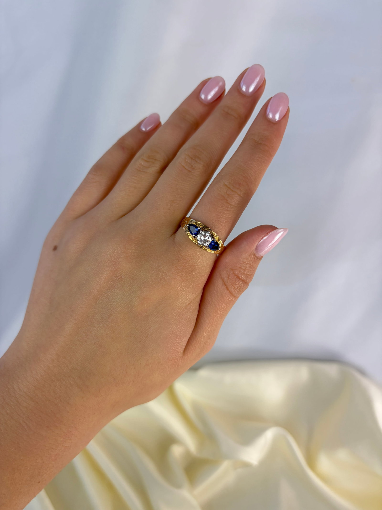 Modern Sapphire and Diamond 18ct Gold and Platinum Three Stone Ring - 9