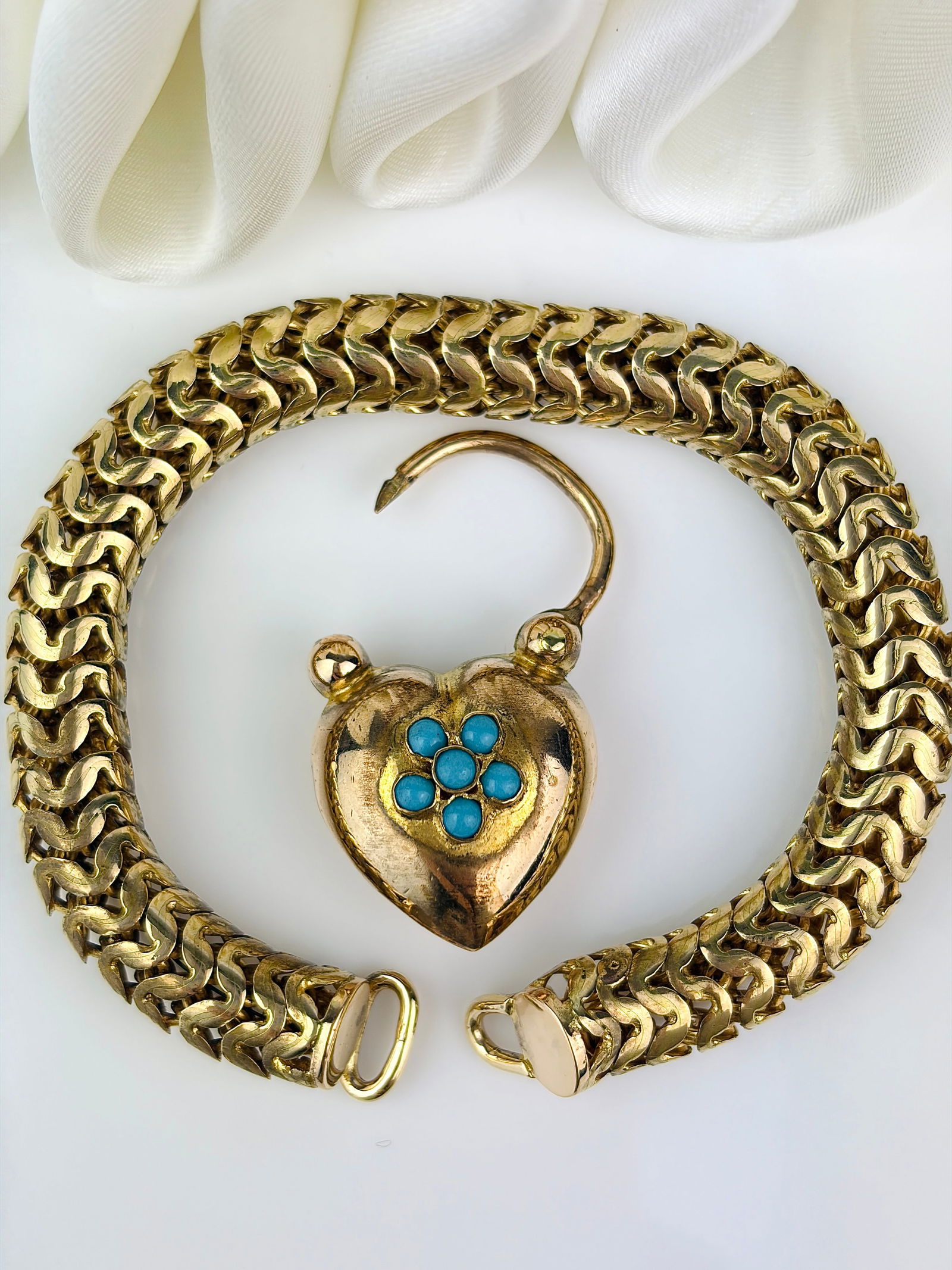 Chunky Victorian Era Turquoise Heart Padlock Bracelet - 4