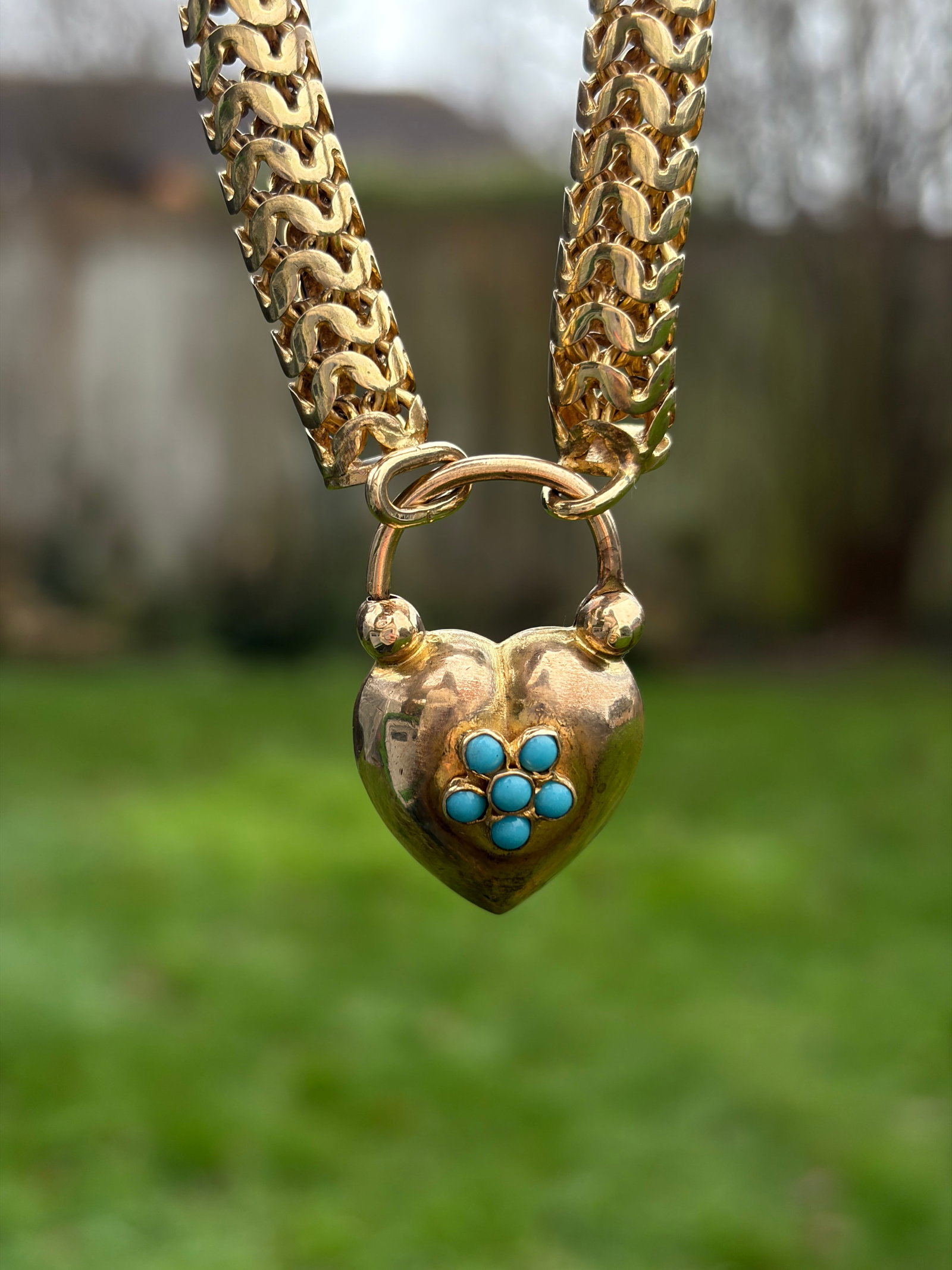 Chunky Victorian Era Turquoise Heart Padlock Bracelet - 8