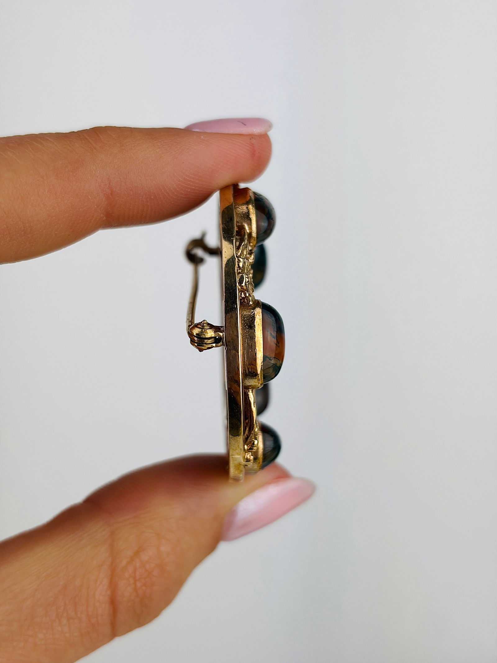 Rare Vintage 9ct Gold Scottish Cabochon Moss Agate Brooch - 2