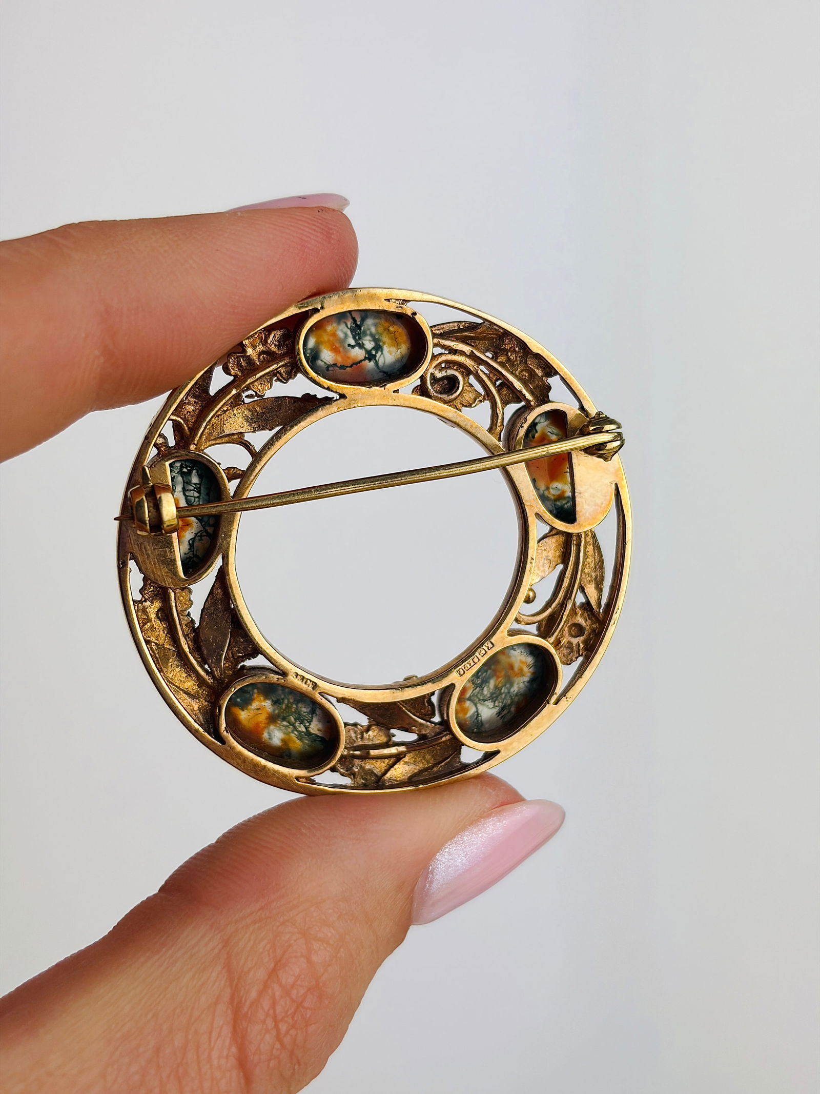 Rare Vintage 9ct Gold Scottish Cabochon Moss Agate Brooch - 3