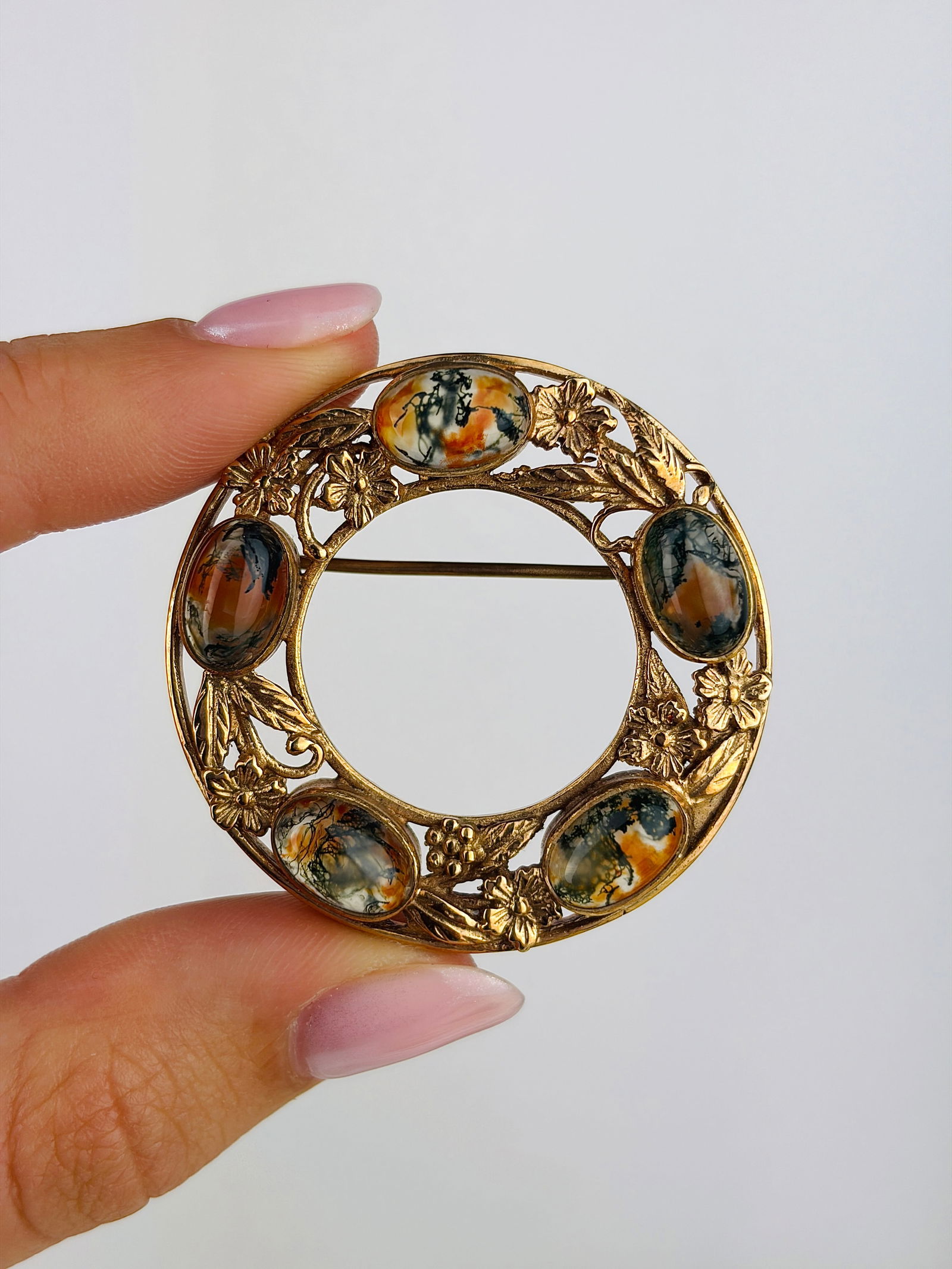Rare Vintage 9ct Gold Scottish Cabochon Moss Agate Brooch - 5