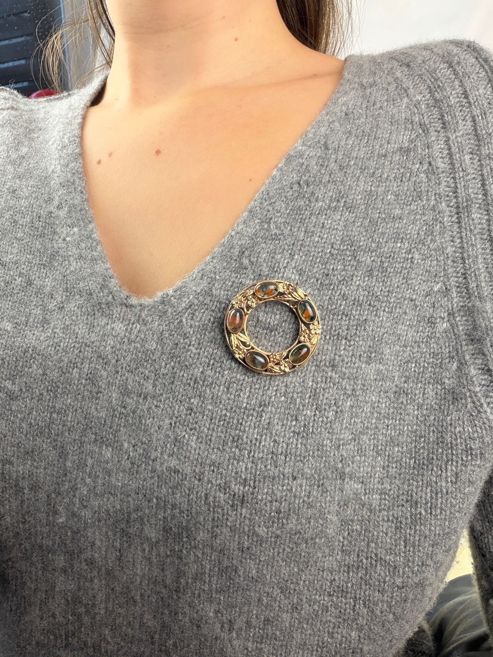 Rare Vintage 9ct Gold Scottish Cabochon Moss Agate Brooch - 6