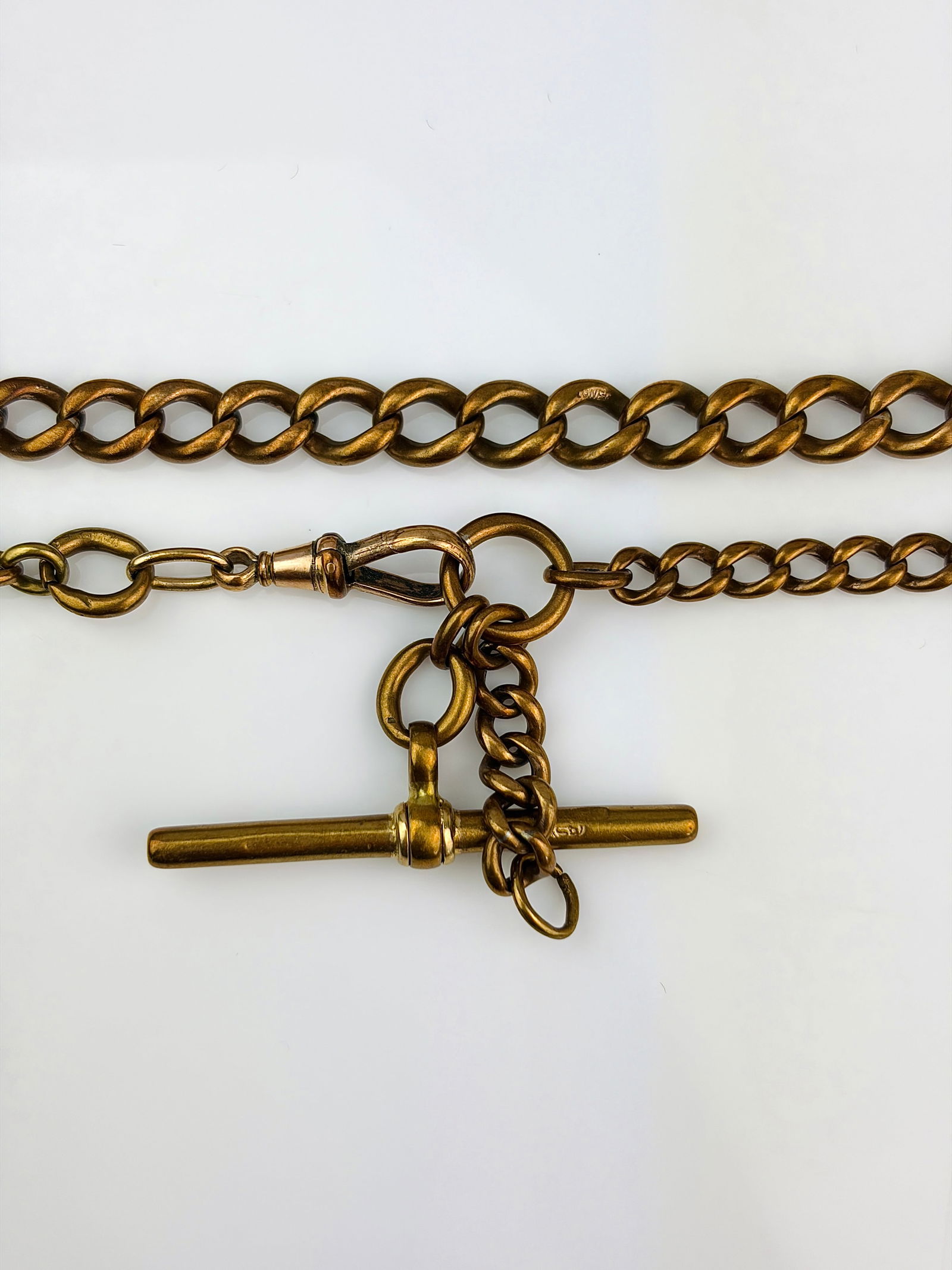 antique rolled gold Albert chain necklace with dog clips and tbar - 2