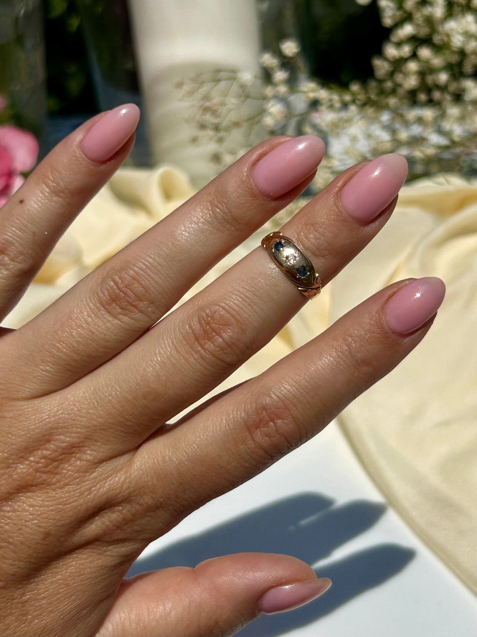 Sweet Antique Yellow Gold Sapphire And Diamond Boat Shaped Ring - 4