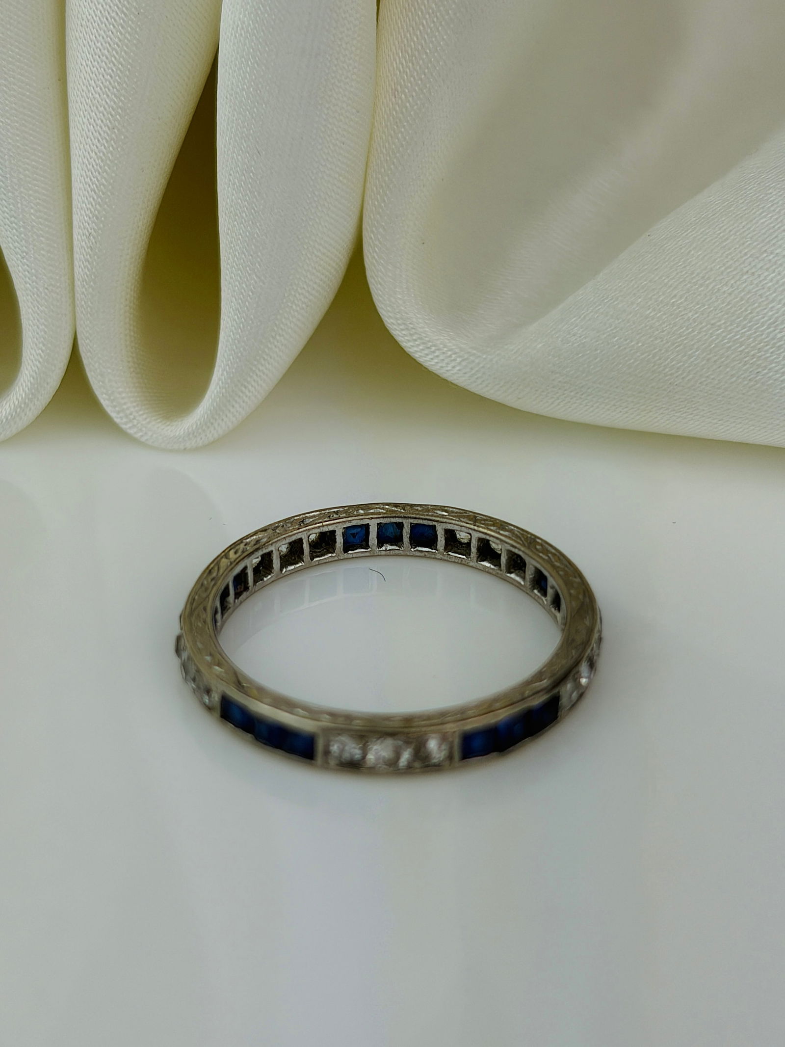 antique platinum sapphire and diamond full eternity band ring - 3
