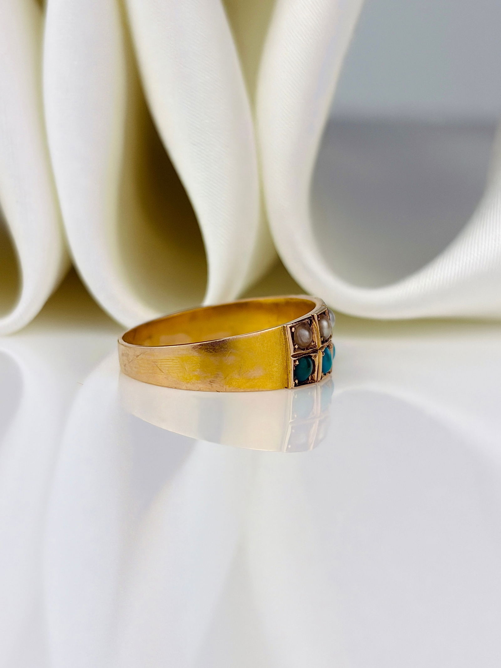 antique c.1881 15ct yellow gold pearl and turquoise two row ring - 2