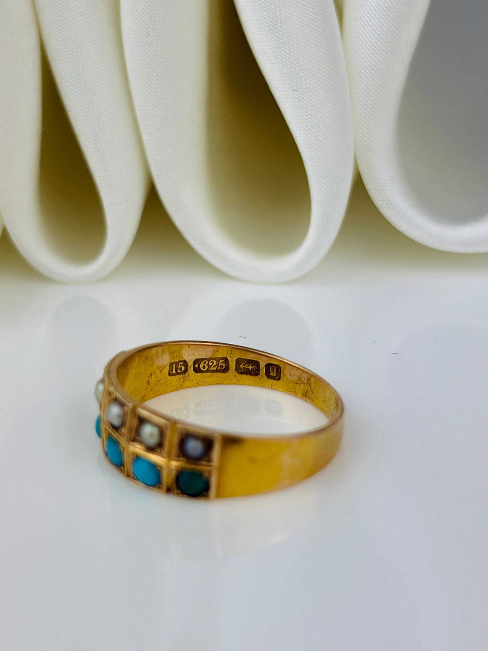 antique c.1881 15ct yellow gold pearl and turquoise two row ring - 4