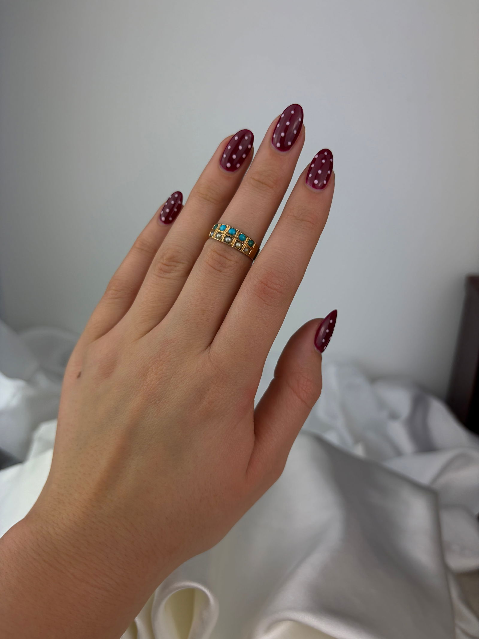 antique c.1881 15ct yellow gold pearl and turquoise two row ring - 6