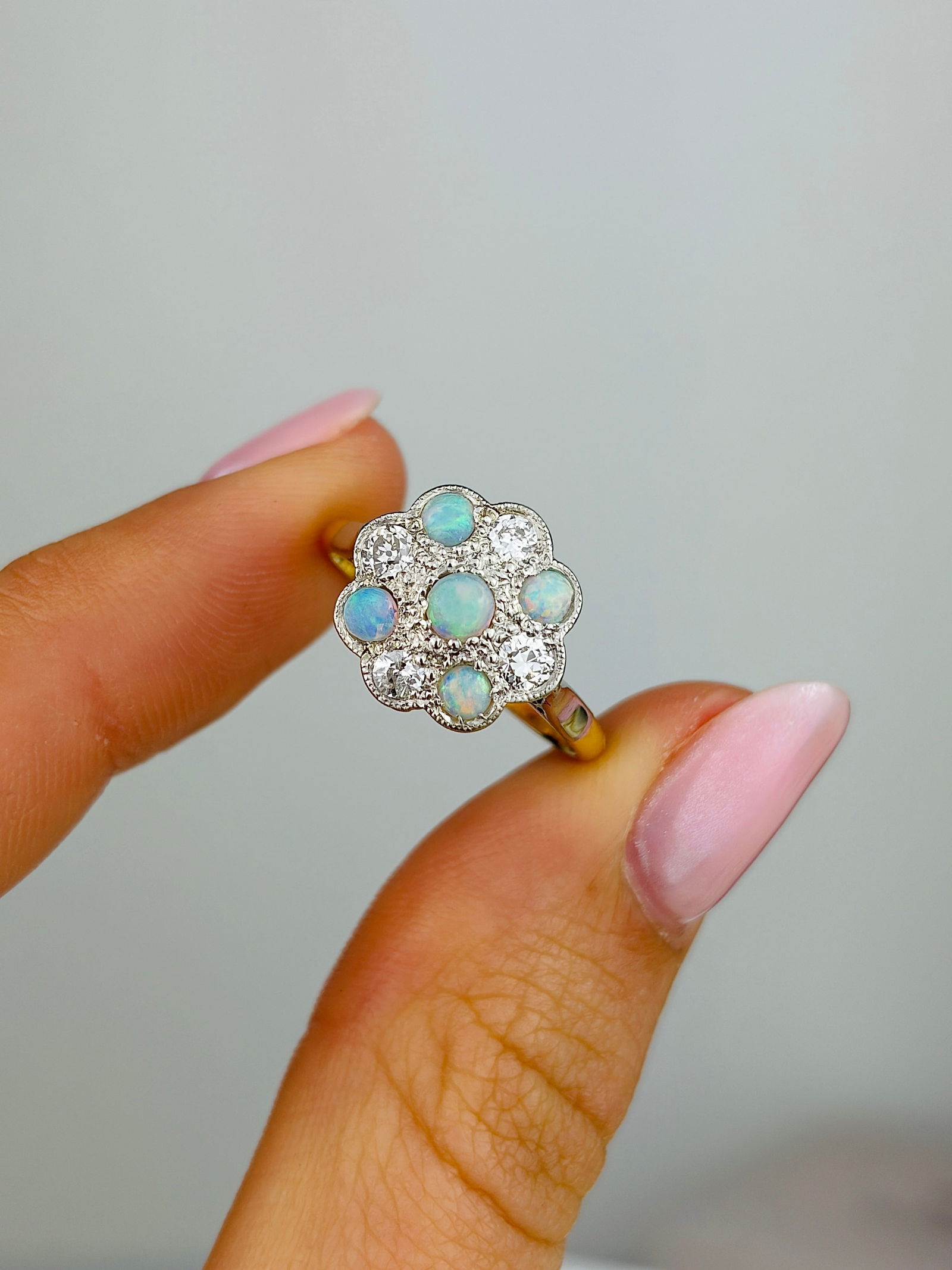 Art Deco 18ct Gold and Platinum Opal and Diamond Panel Ring - 5