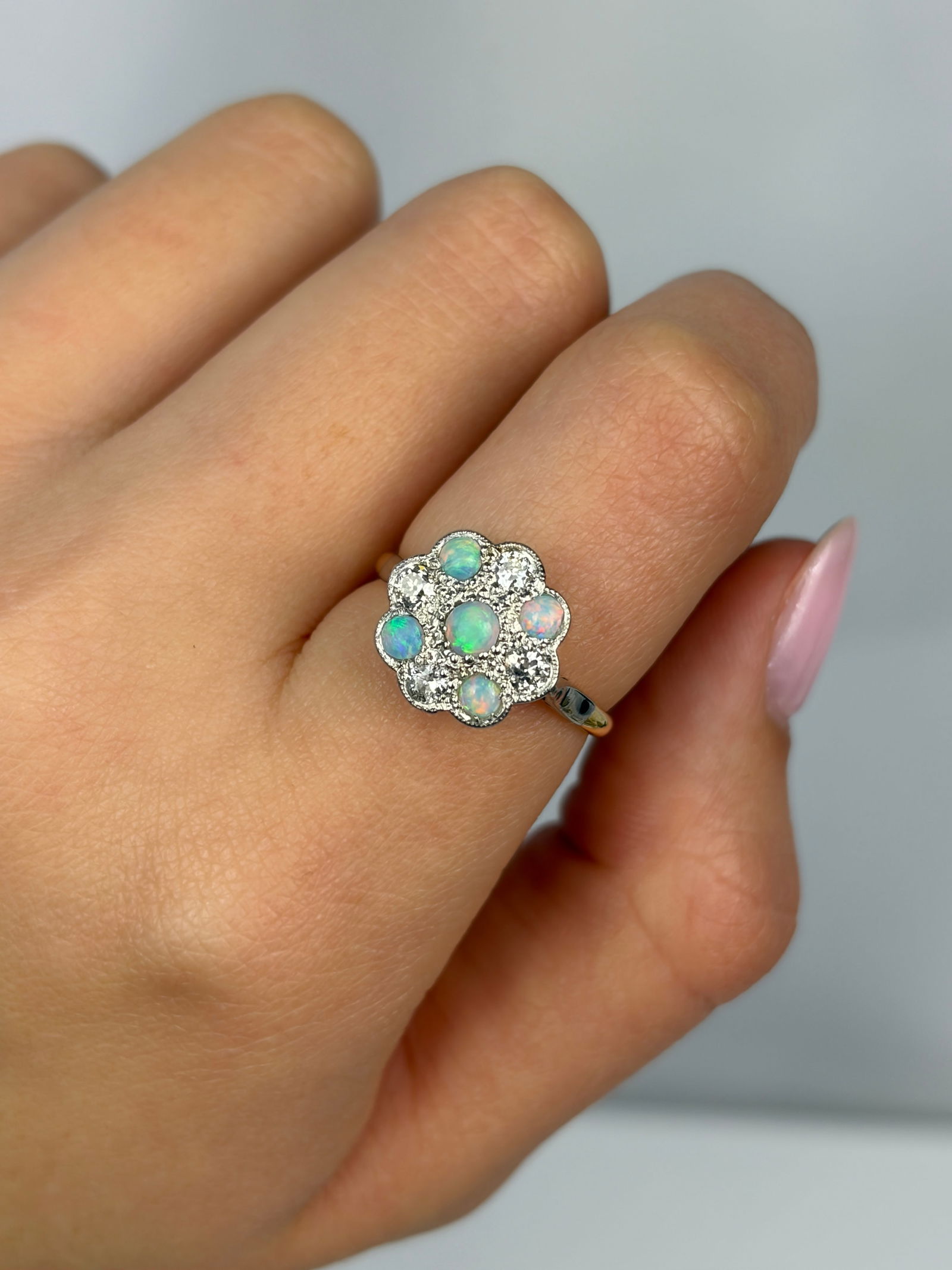 Art Deco 18ct Gold and Platinum Opal and Diamond Panel Ring - 8