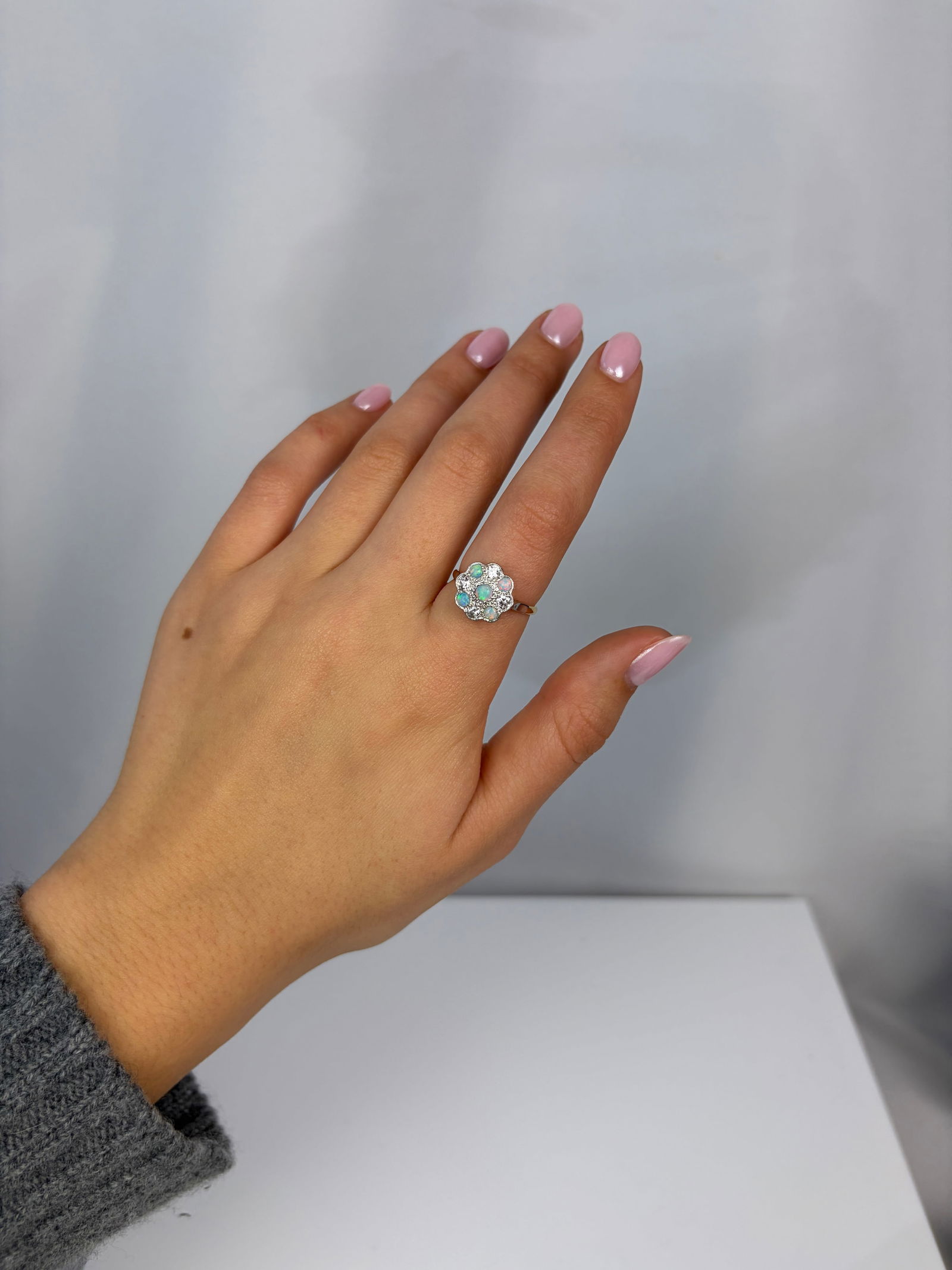 Art Deco 18ct Gold and Platinum Opal and Diamond Panel Ring - 9