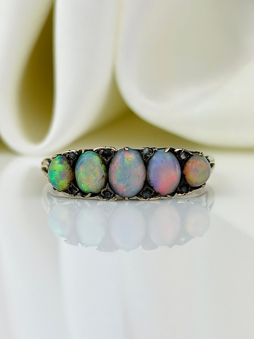 vintage 9ct gold opal and diamond 5 stone ring (1 of 9)