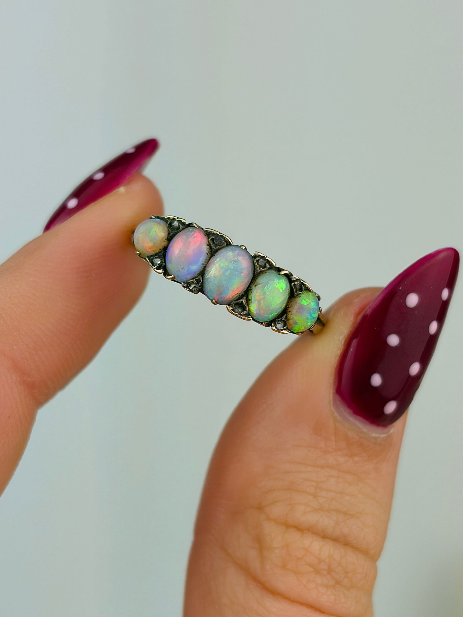 vintage 9ct gold opal and diamond 5 stone ring - 5