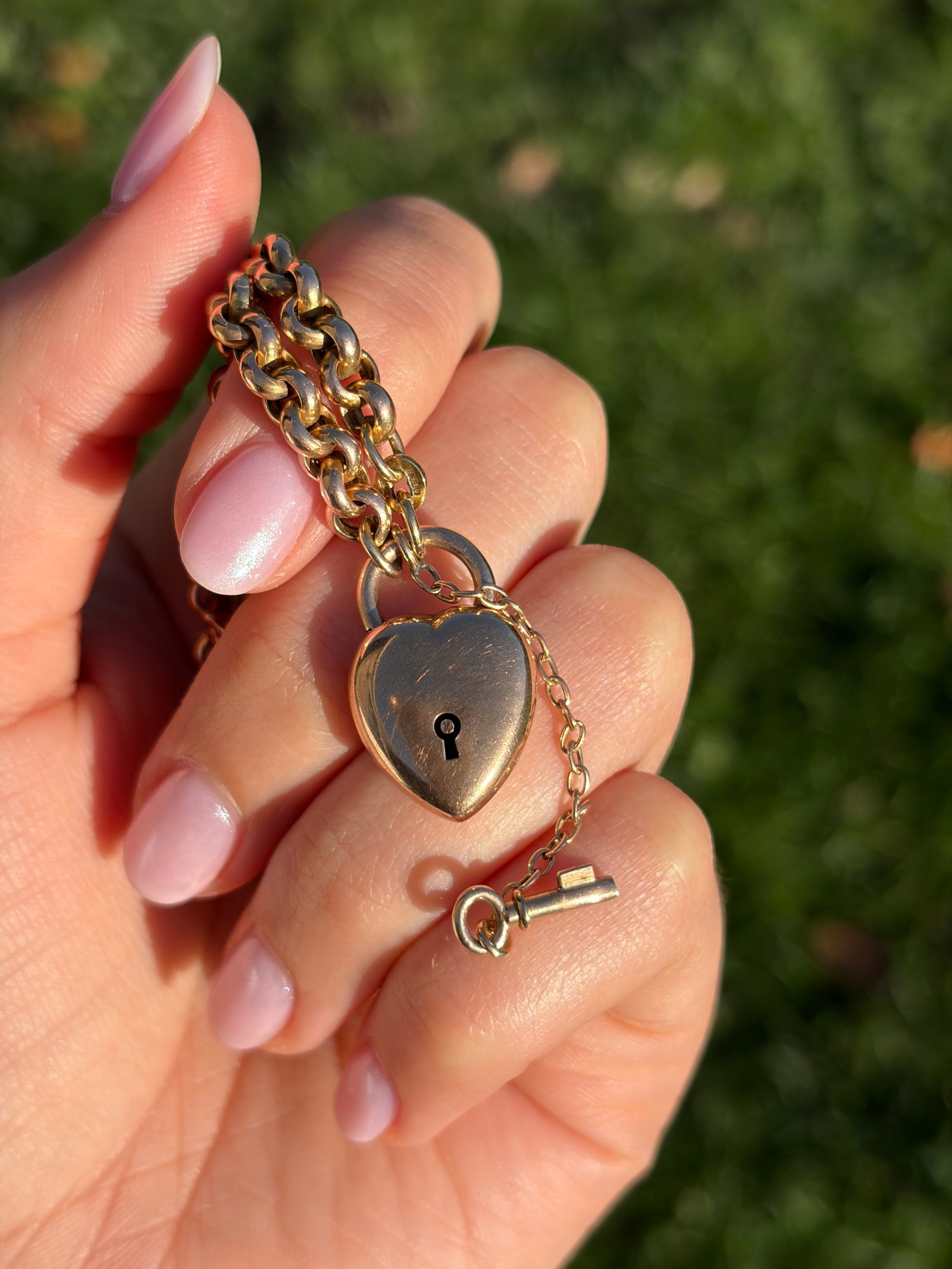 Antique 9ct Gold Bracelet with Puffed Heart Padlock and Key (Unlocks with Key!) - 9