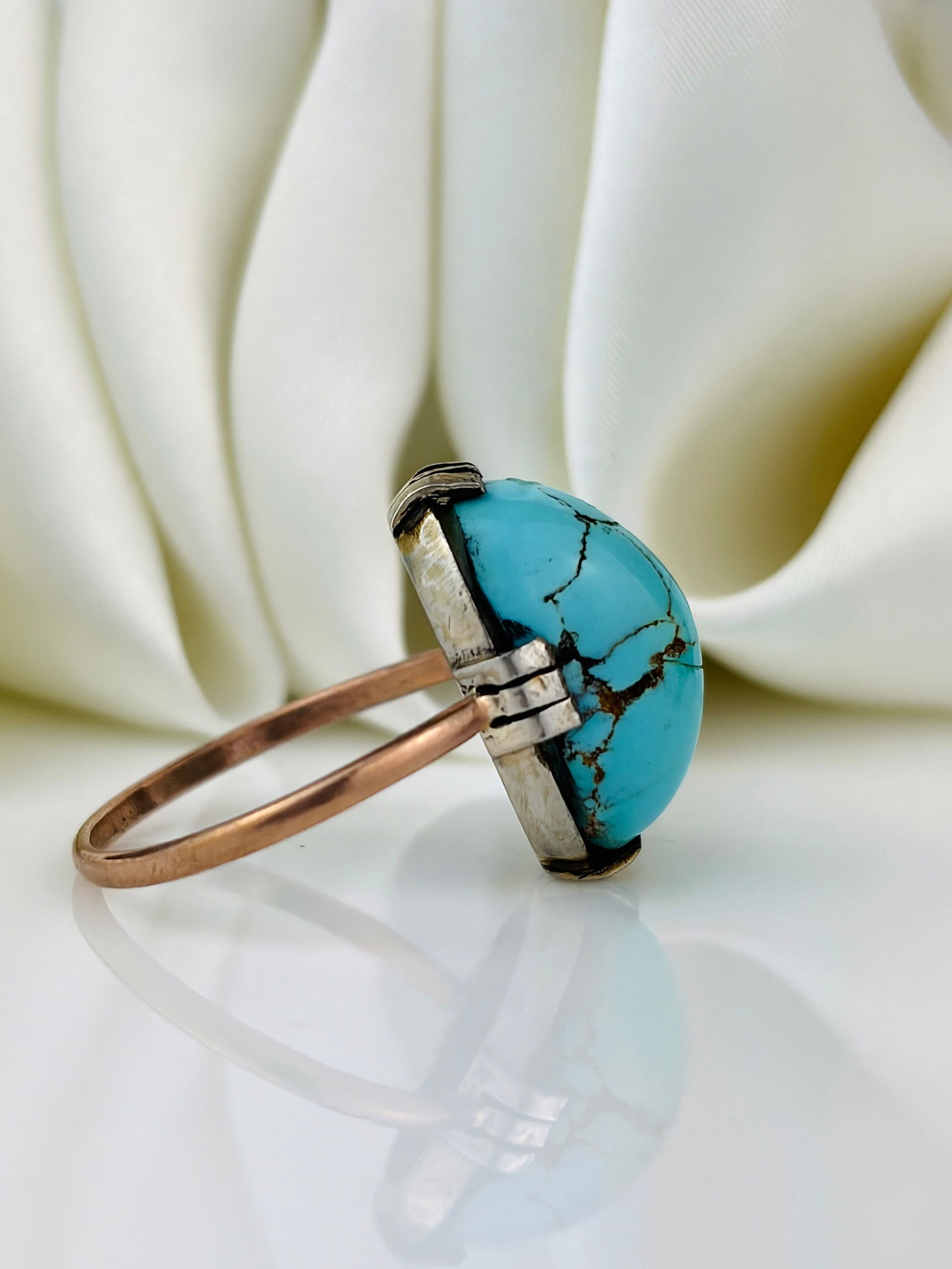 Antique gold and silver set matrix turquoise ring - 2