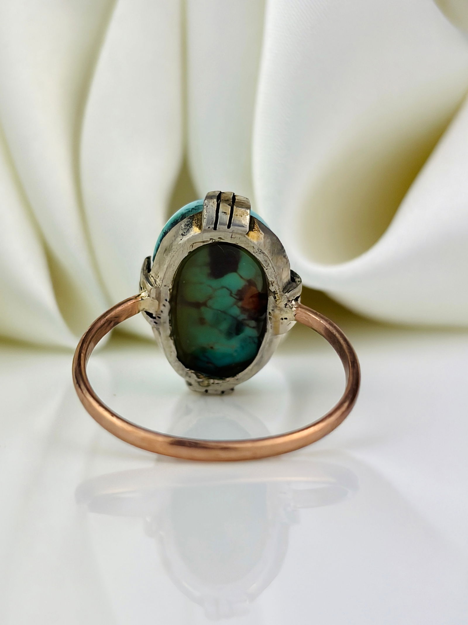 Antique gold and silver set matrix turquoise ring - 3