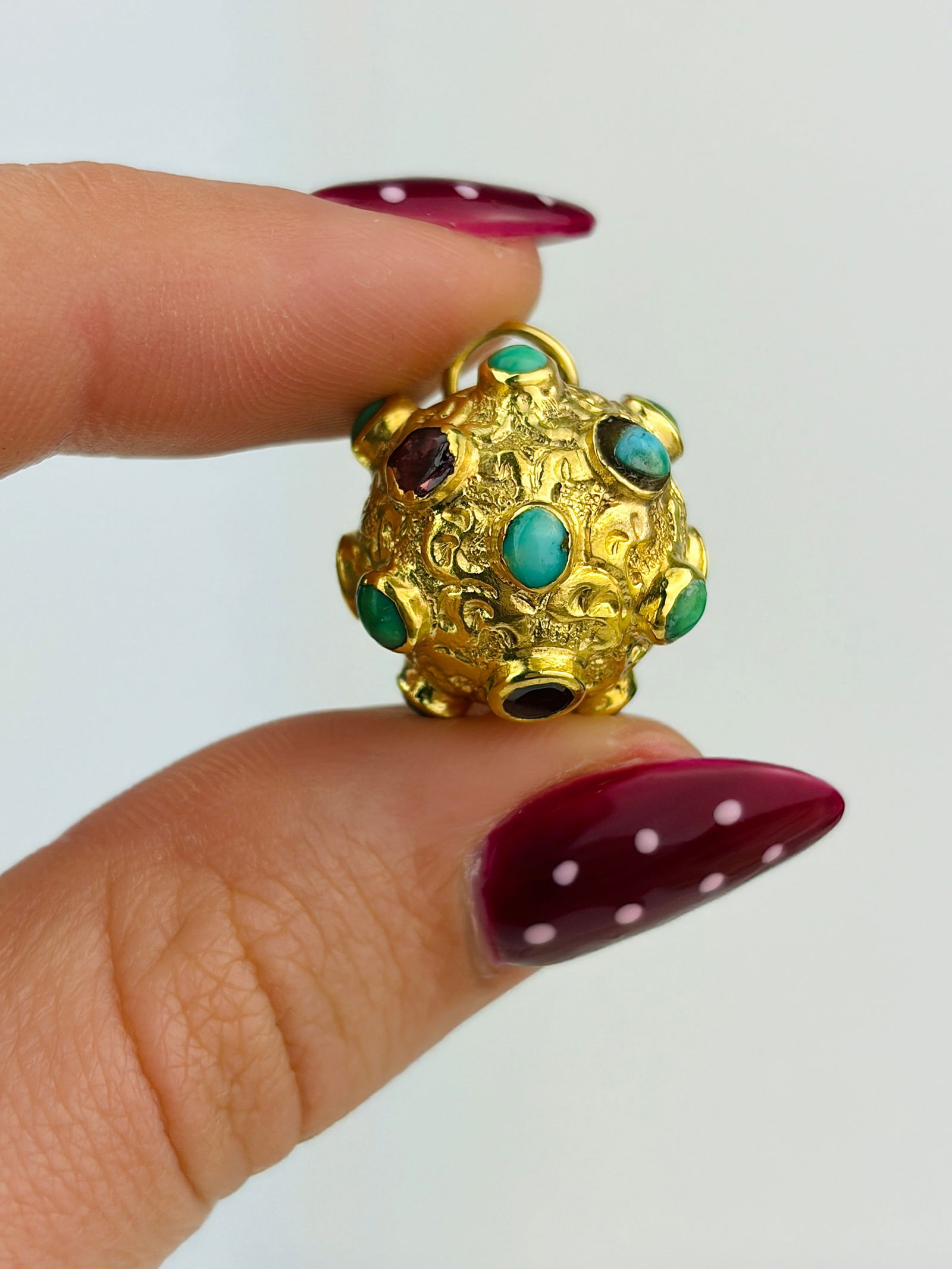 antique flat cut garnet and turquoise sputnik pendant - 2