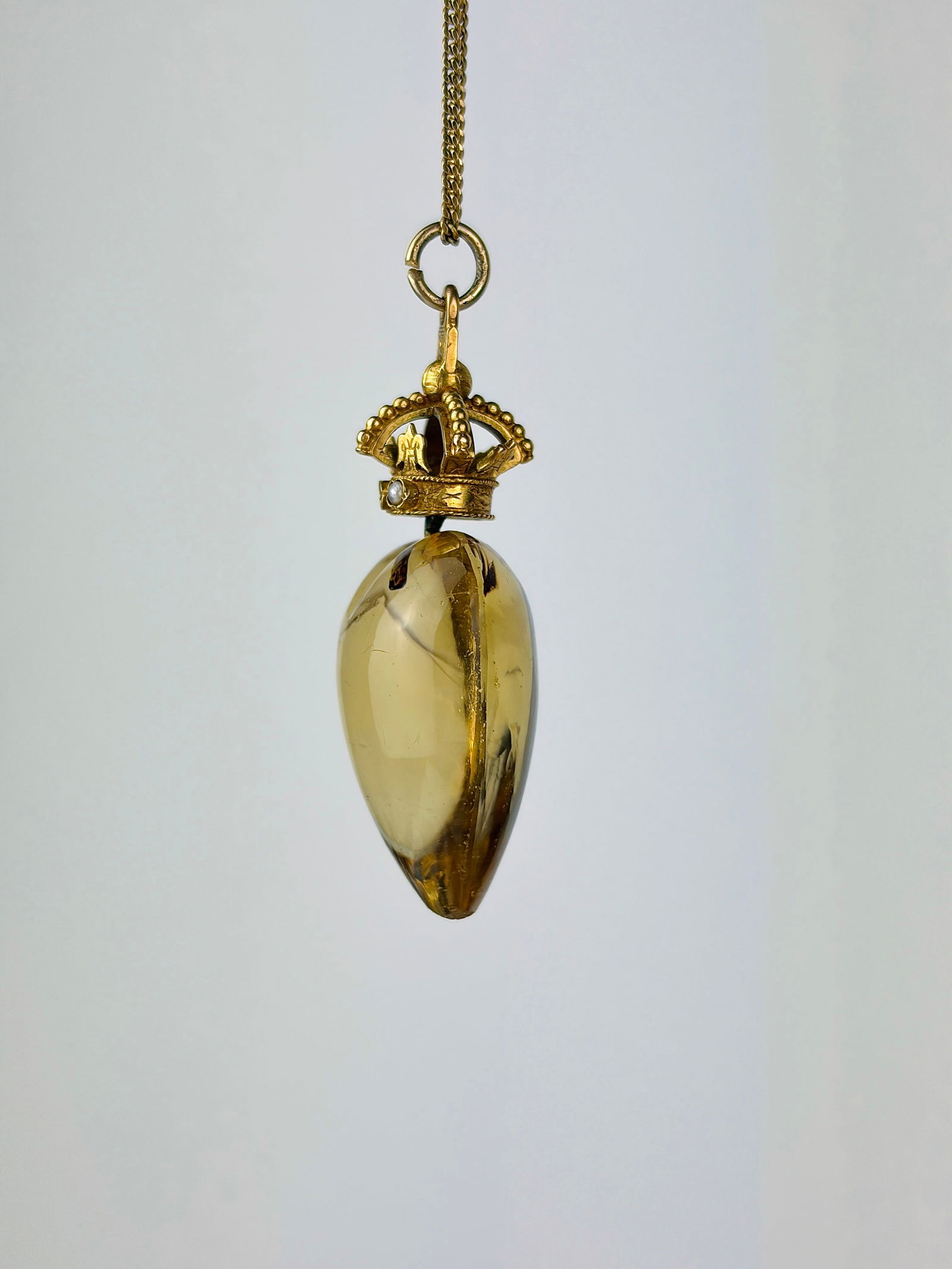 Antique Yellow Gold Carved Citrine Heart Pendant with Ruby and Pearl Crown - 2
