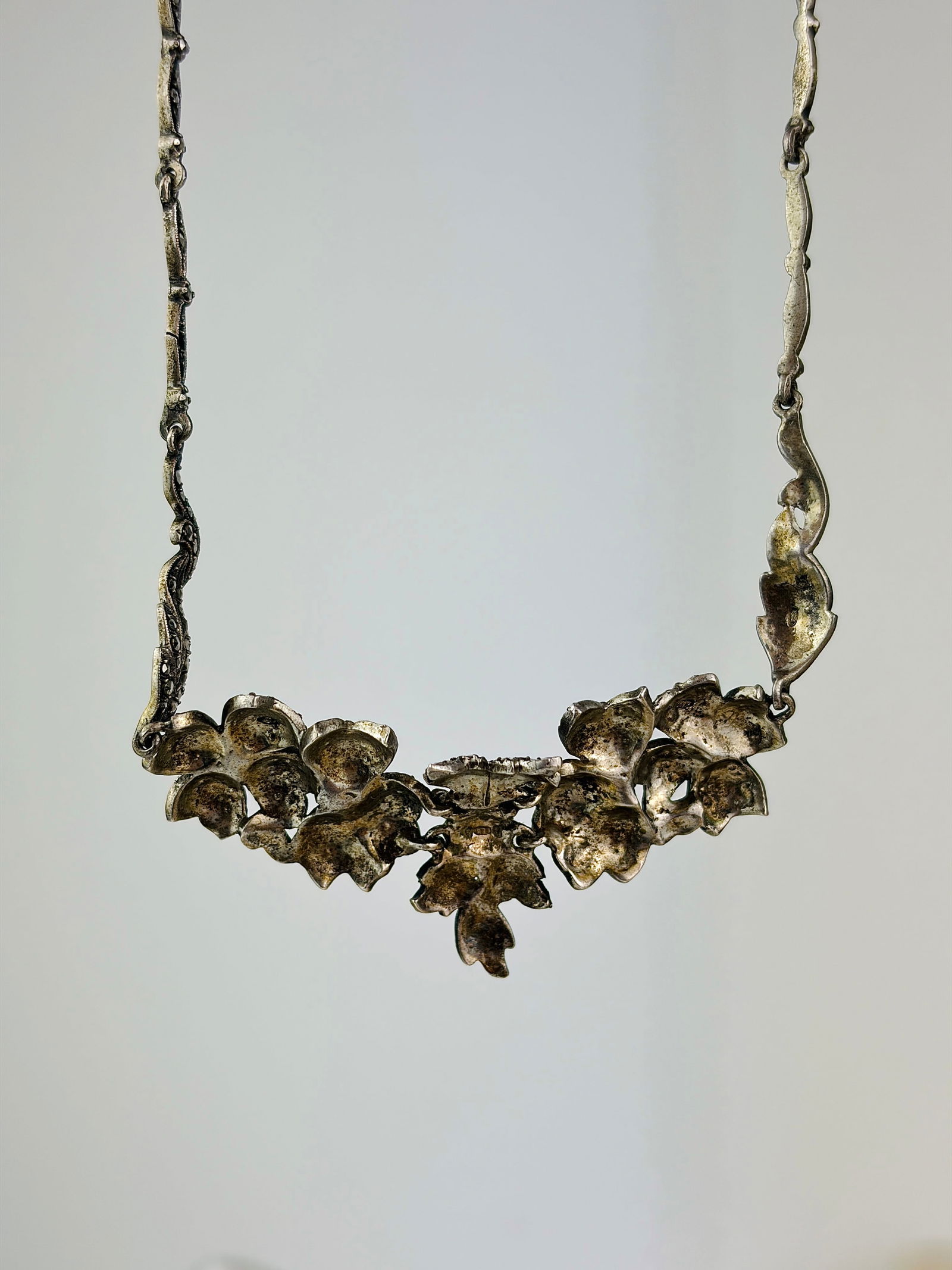 antique silver marcasite floral necklace - 2